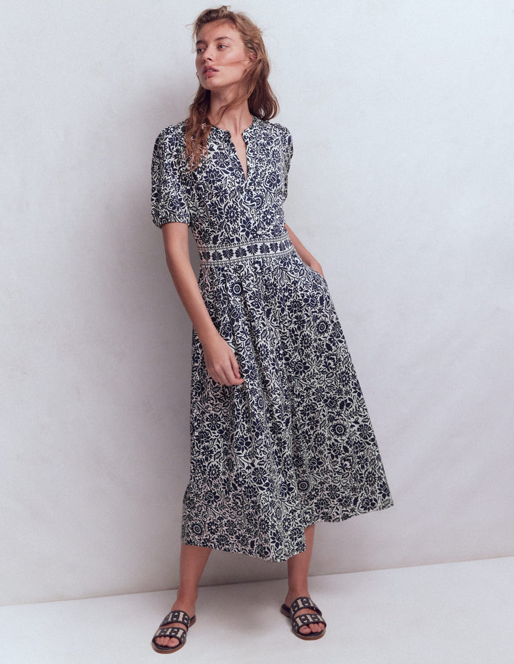 Amber Pleat Jersey Midi Dress-Navy, Meadow Scatter