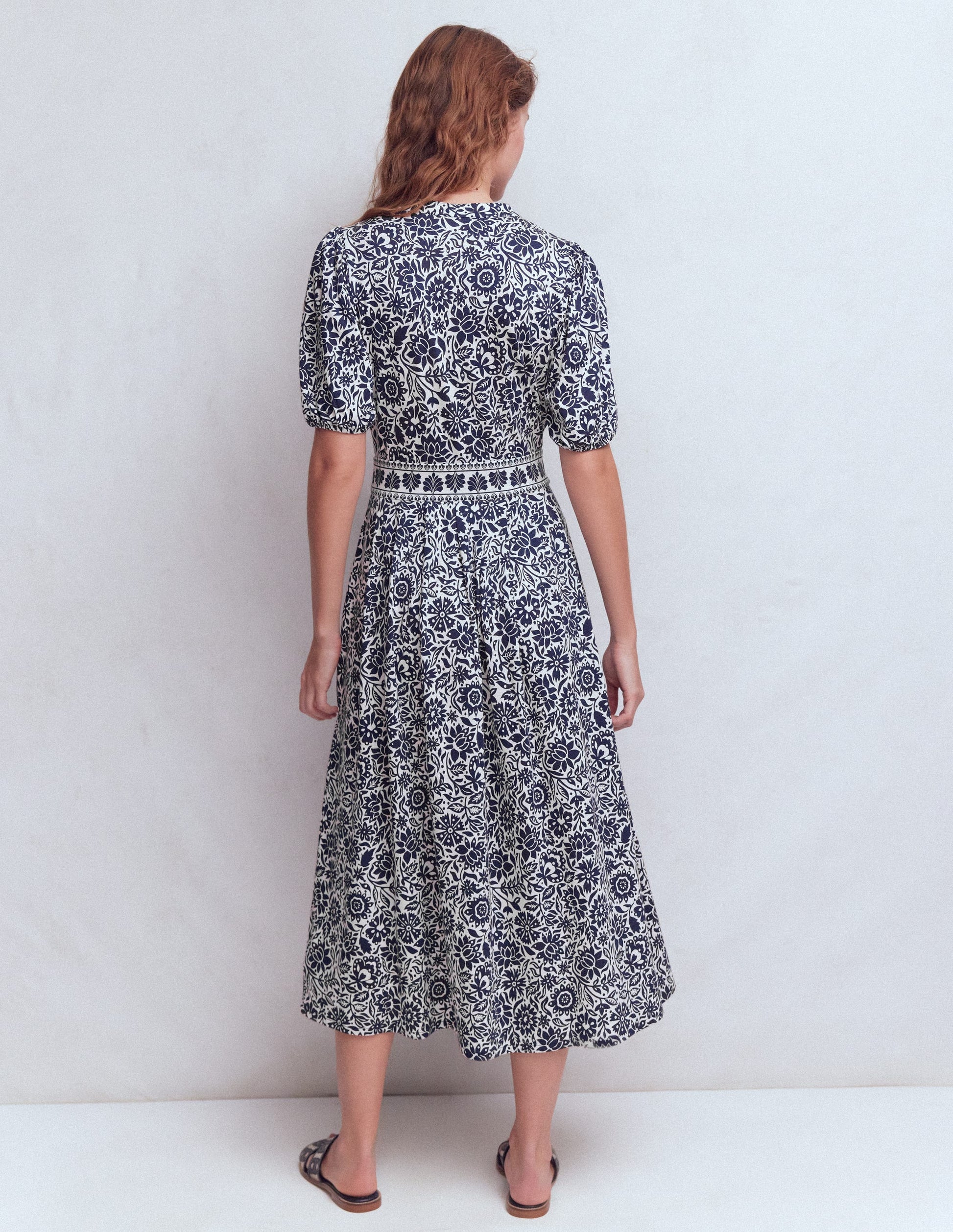 Amber Pleat Jersey Midi Dress-Navy, Meadow Scatter-3