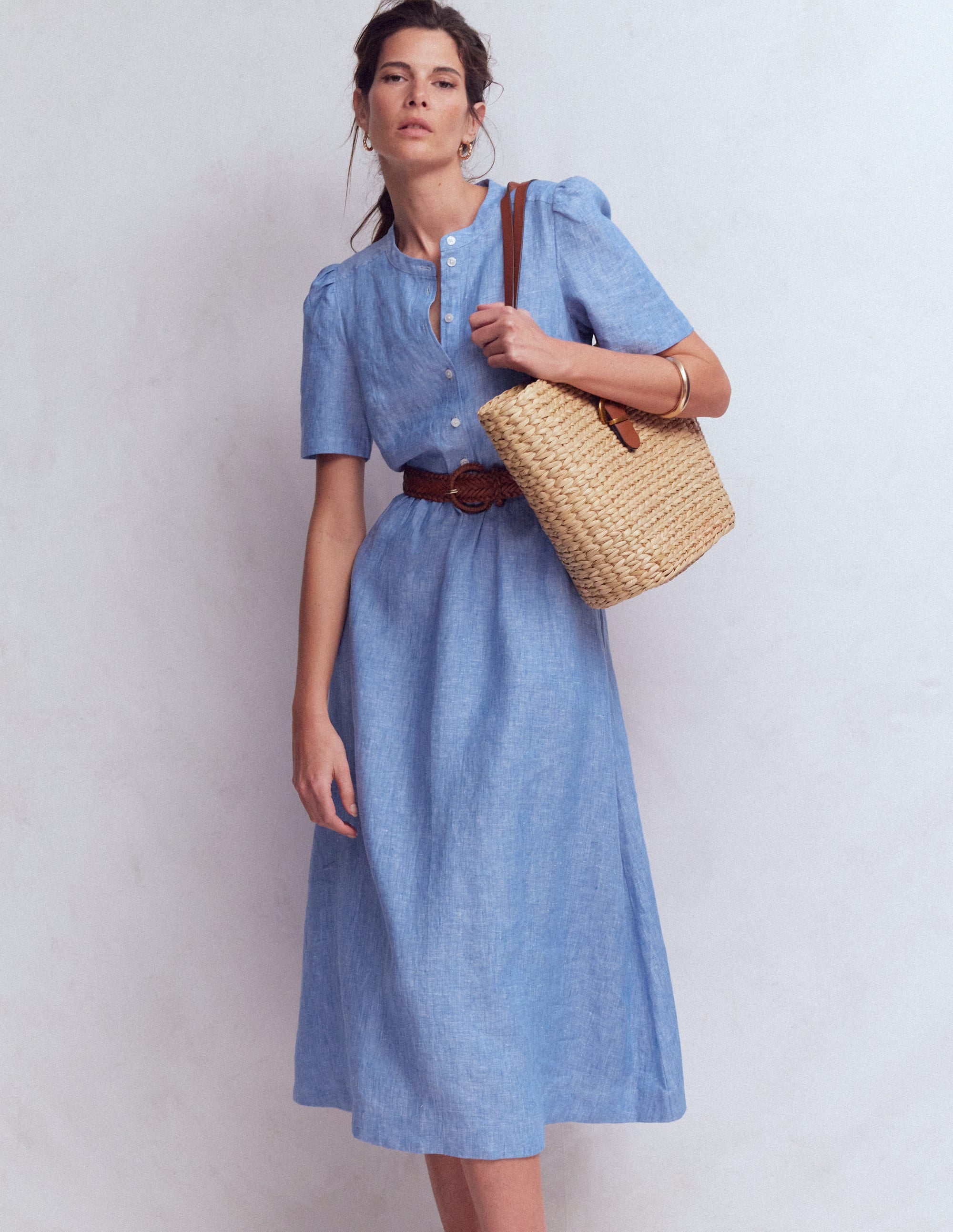 Ivy Button Linen Midi Dress-Summer Blue Chambray - Image 1