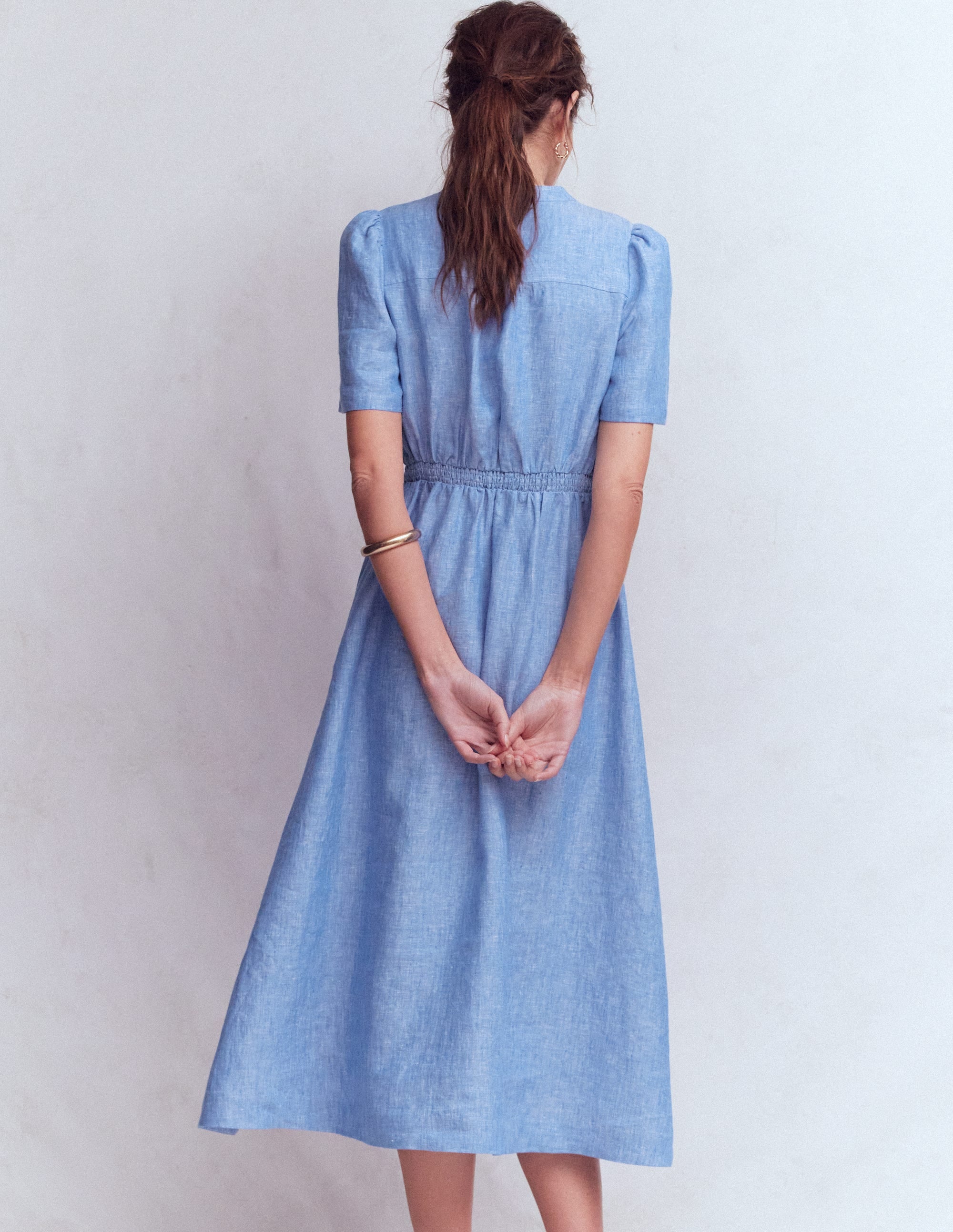 Ivy Button Linen Midi Dress-Summer Blue Chambray - Image 3