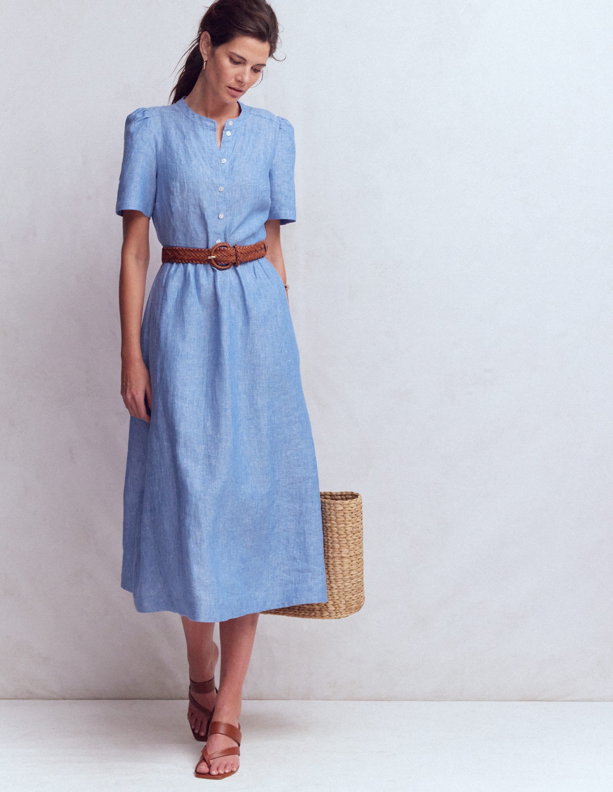 Ivy Button Linen Midi Dress-Summer Blue Chambray - Image 5