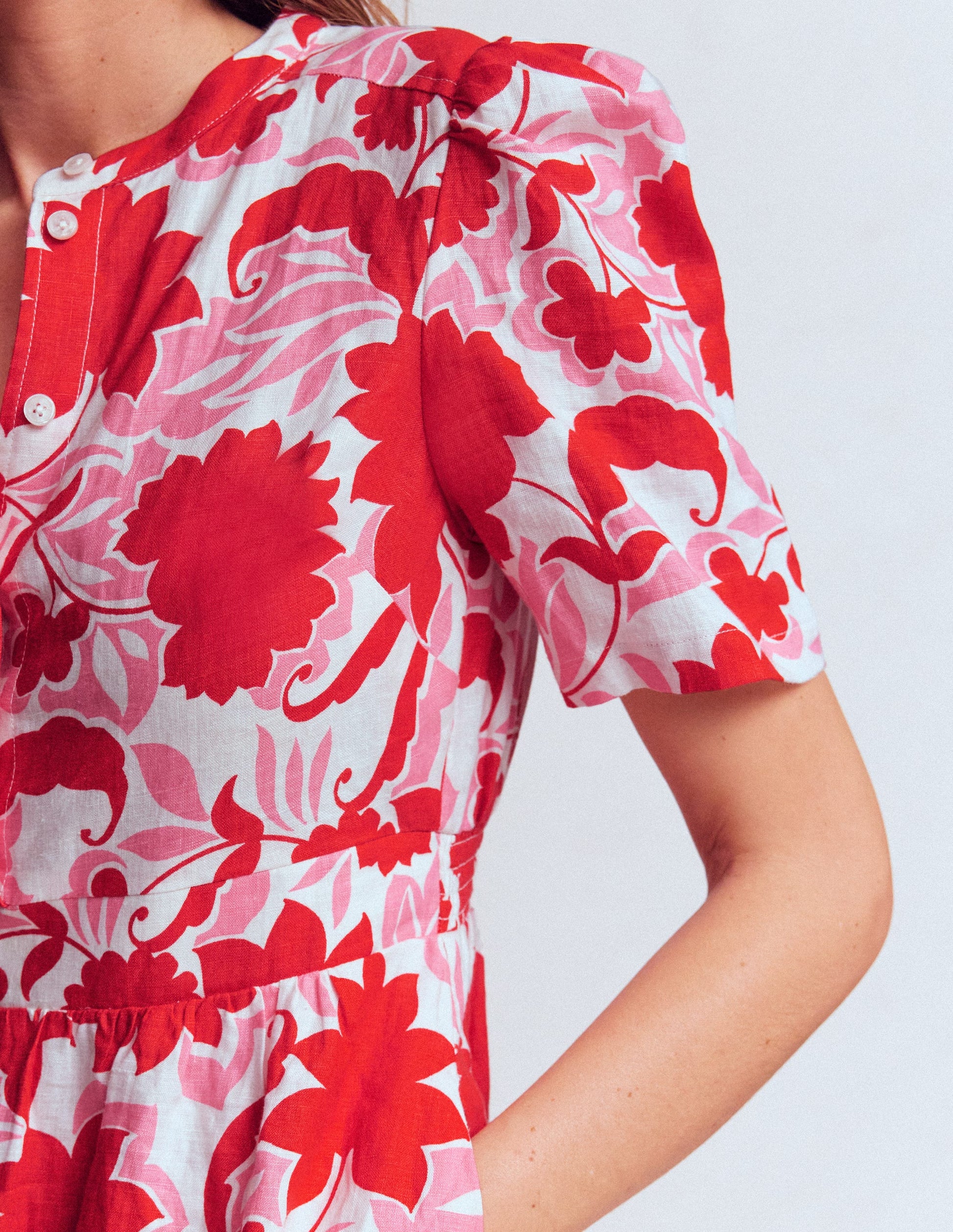 Ivy Linen Midi Dress-Red Shadow Blossom-2