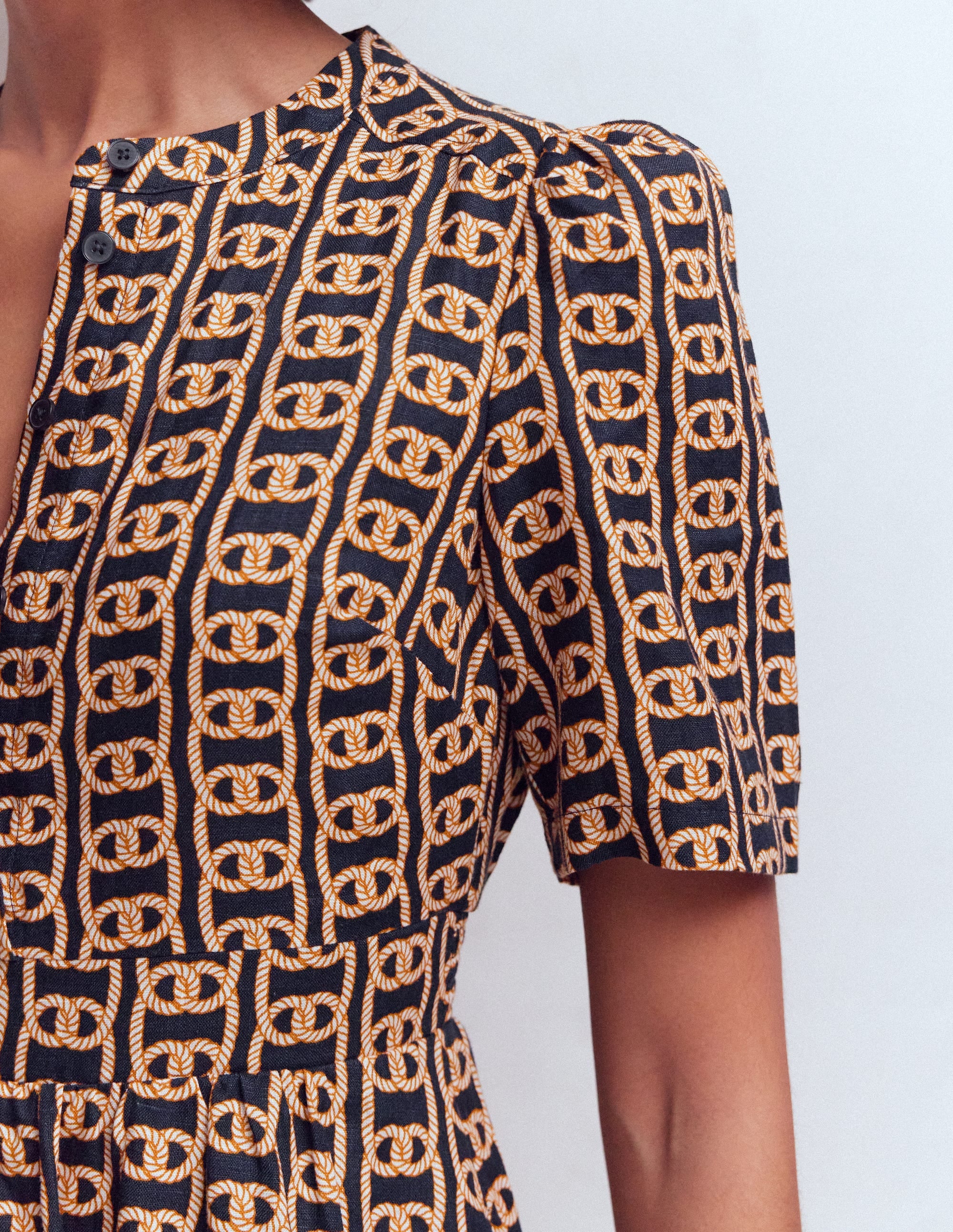 Ivy Button Linen Midi Dress-French Navy, Rope Trellis - Image 2