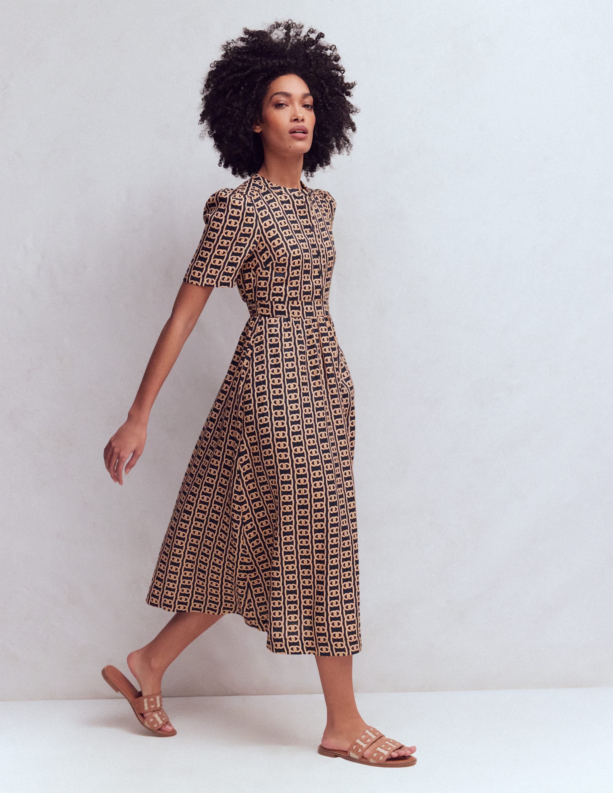 Ivy Button Linen Midi Dress-French Navy, Rope Trellis - Image 4