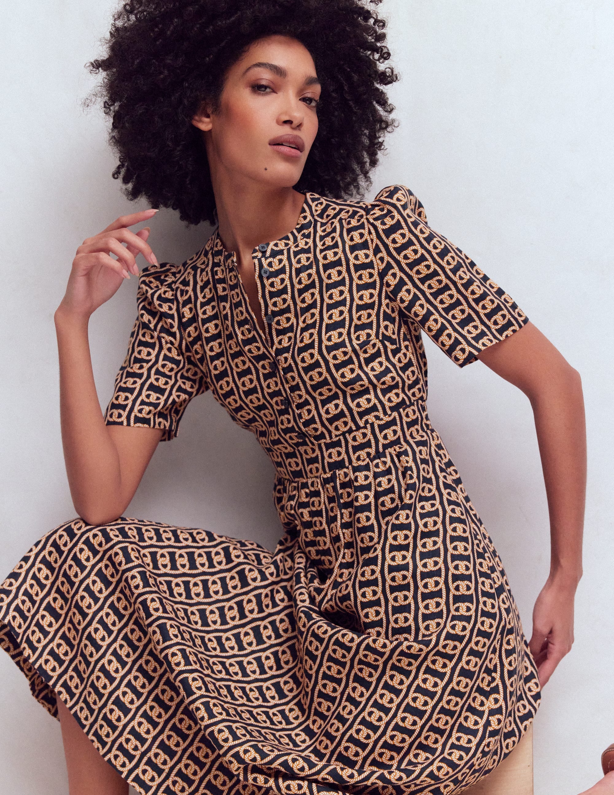 Ivy Button Linen Midi Dress-French Navy, Rope Trellis - Image 5