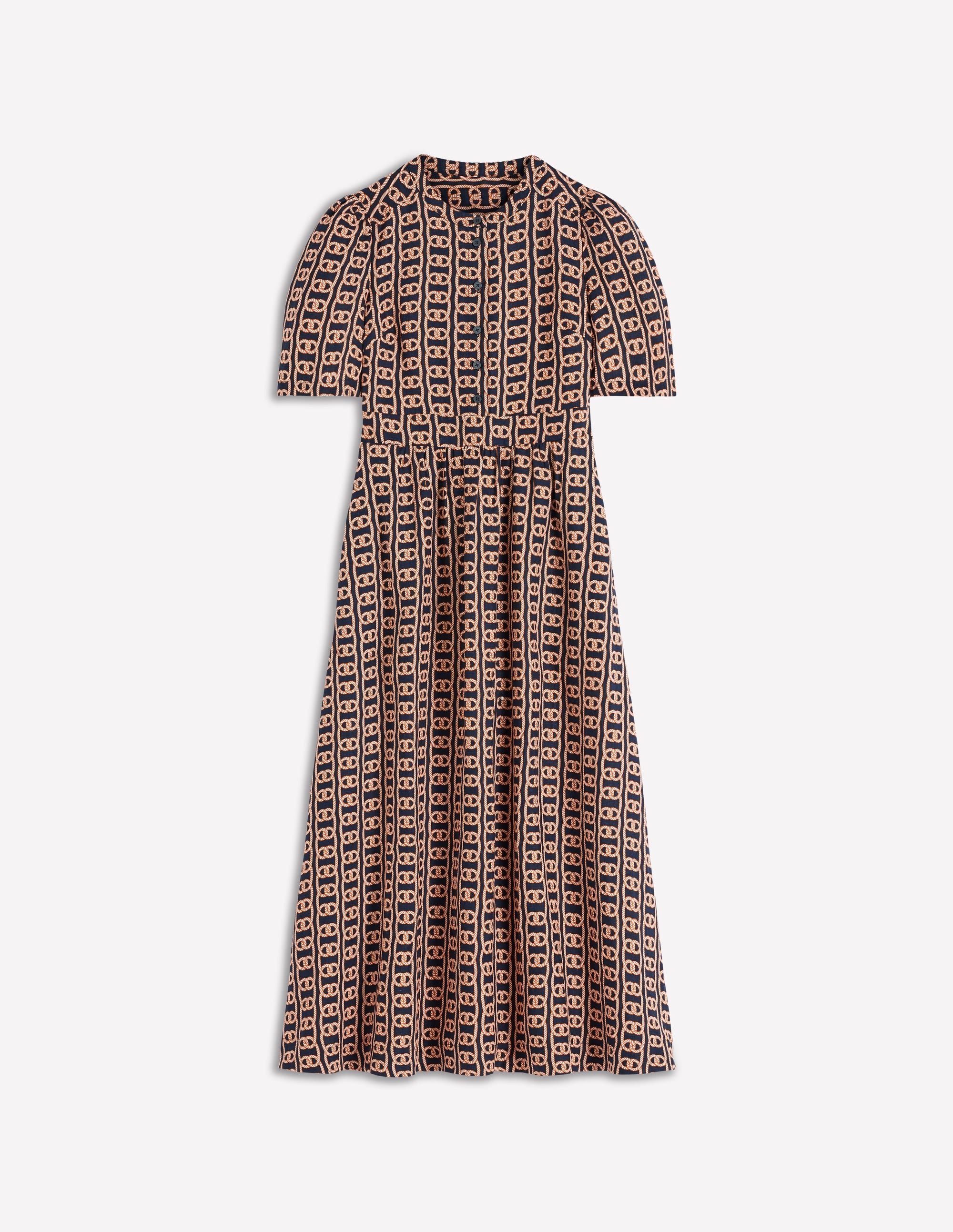 Ivy Button Linen Midi Dress-French Navy, Rope Trellis - Image 7