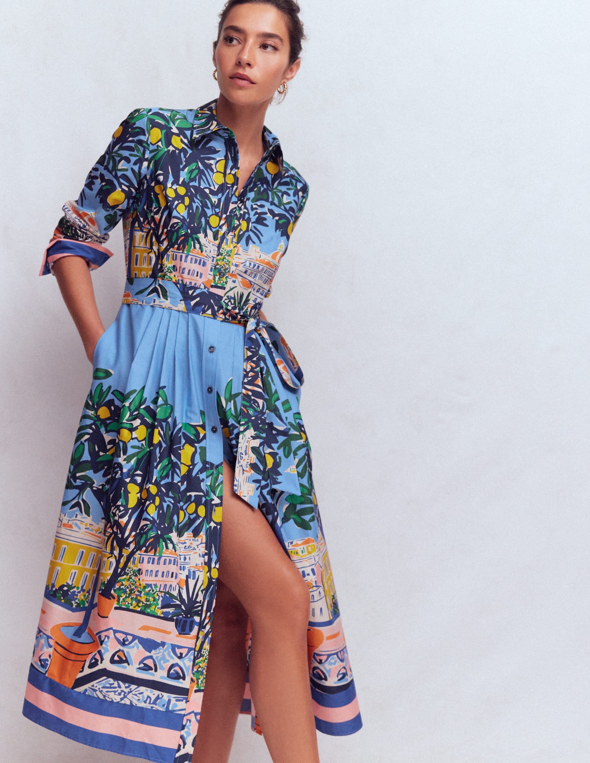 Alexa Cotton Midi Shirt Dress-Multi Balcony Scene - Image 4