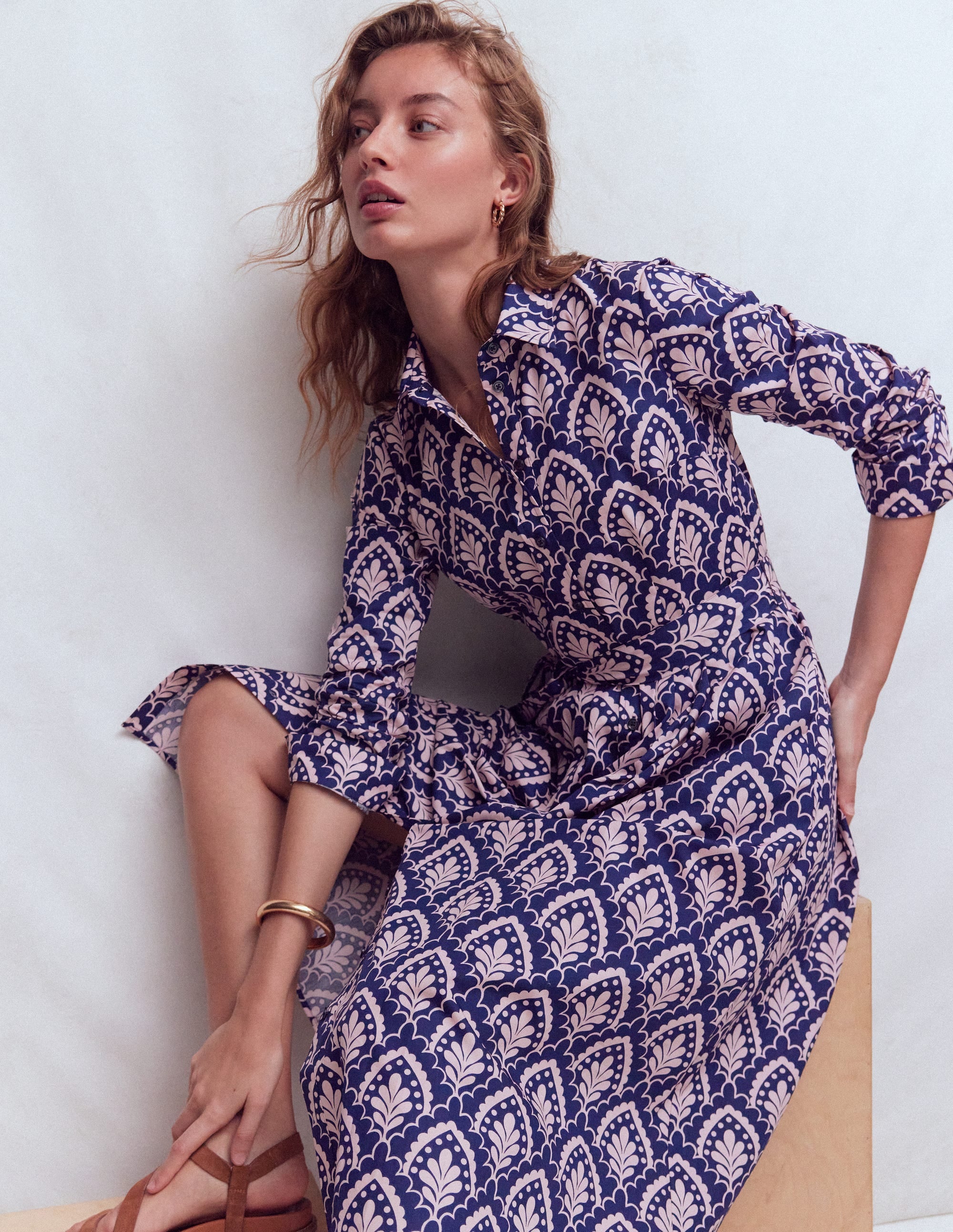 Alexa Cotton Midi Shirt Dress-Navy Petal Terrace - Image 1