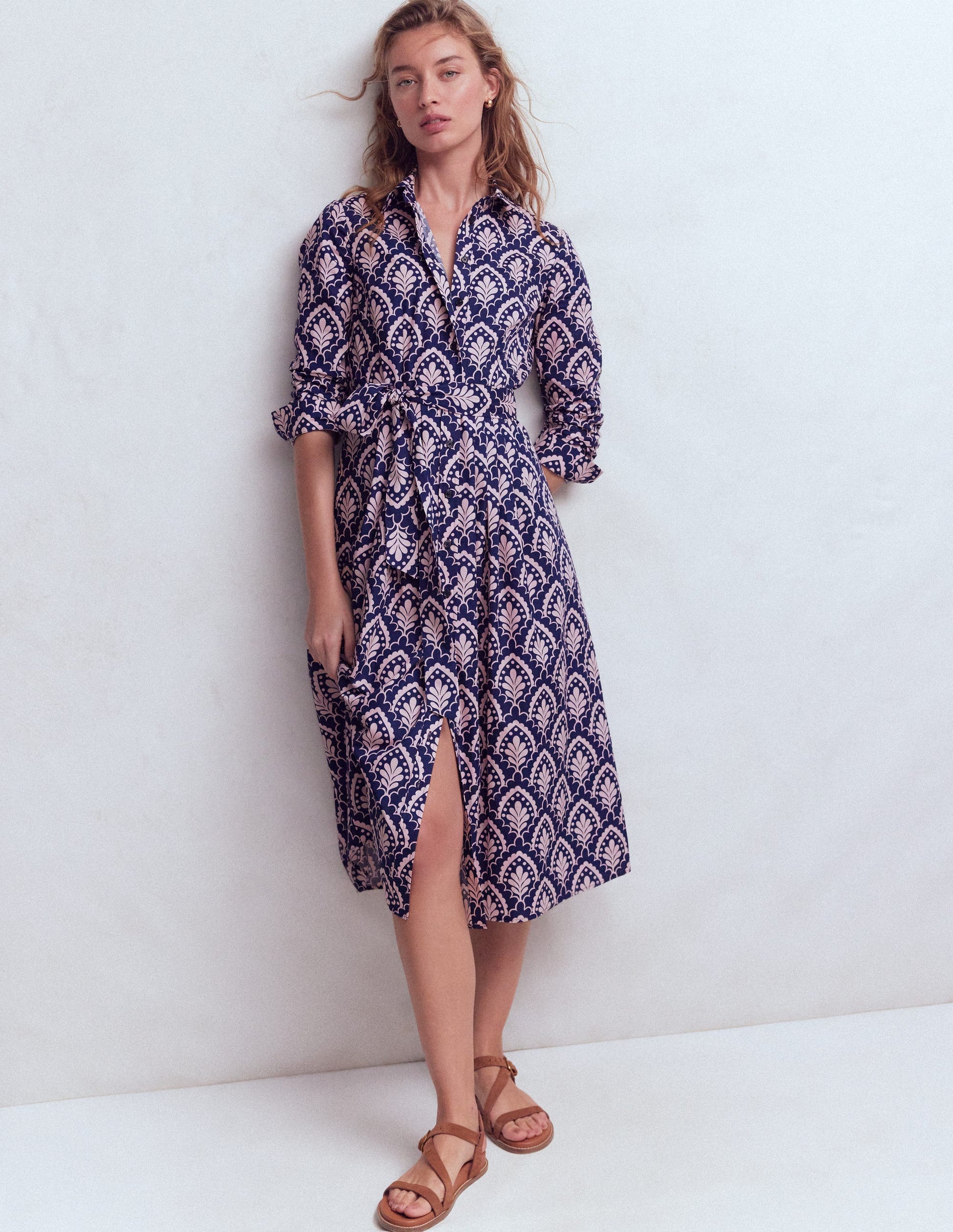 Alexa Cotton Midi Shirt Dress-Navy Petal Terrace-4