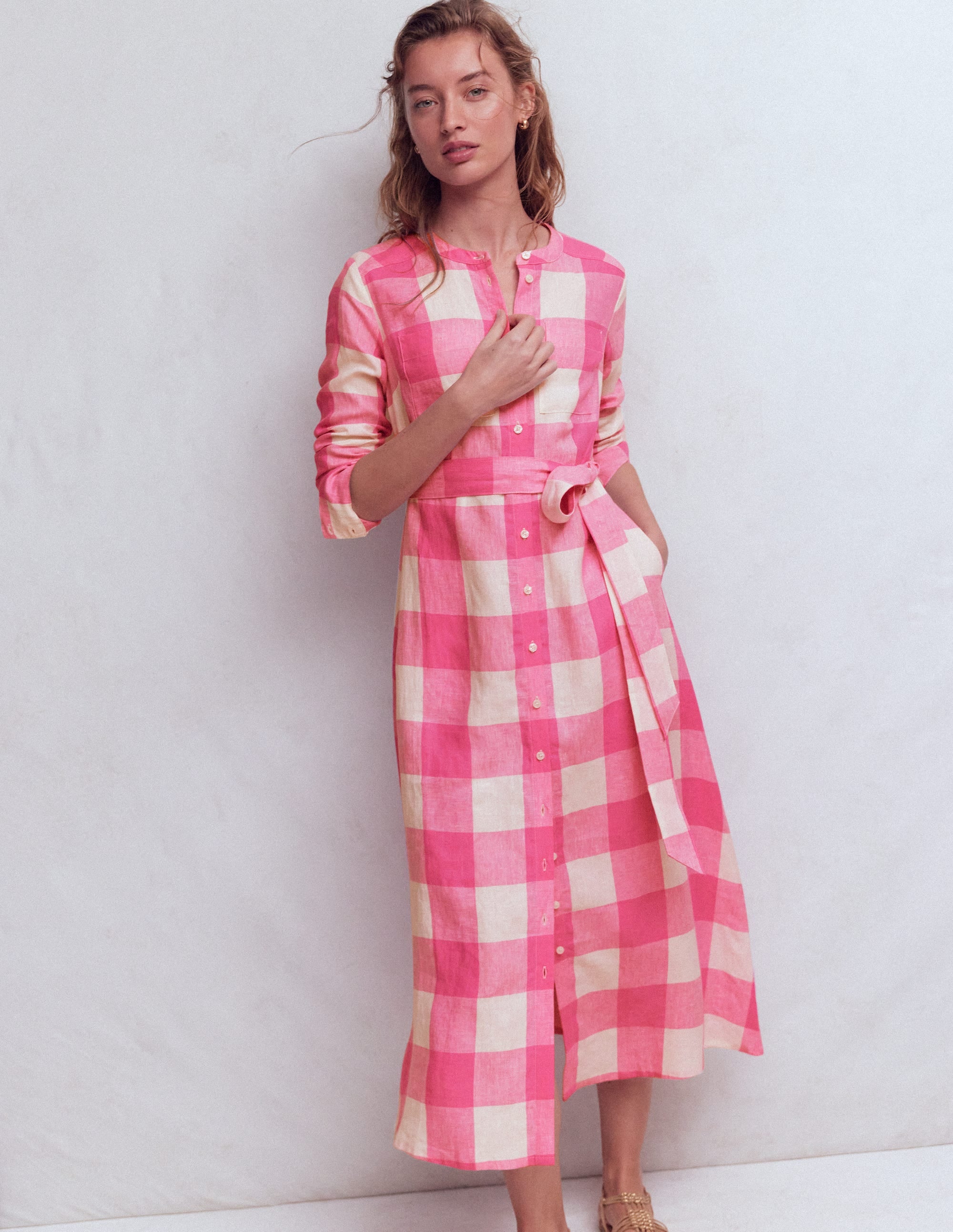 Mollie Linen Midi Dress-Pink Punch Gingham - Image 1