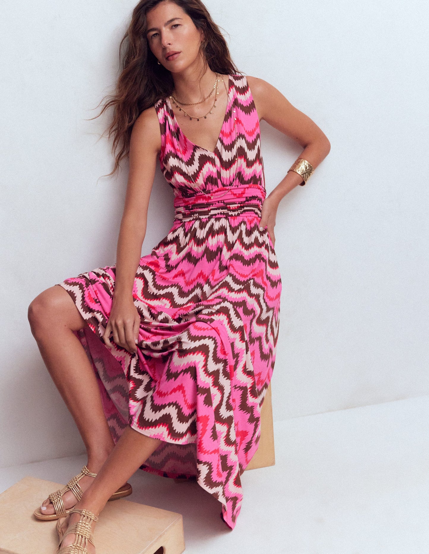 Elodie Jersey Maxi Dress-Pink Punch, Zig Zag Wave