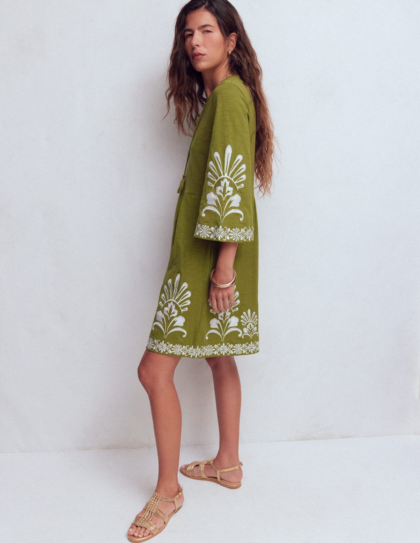 Short Kaftan Jersey Dress-Khaki Embroidered