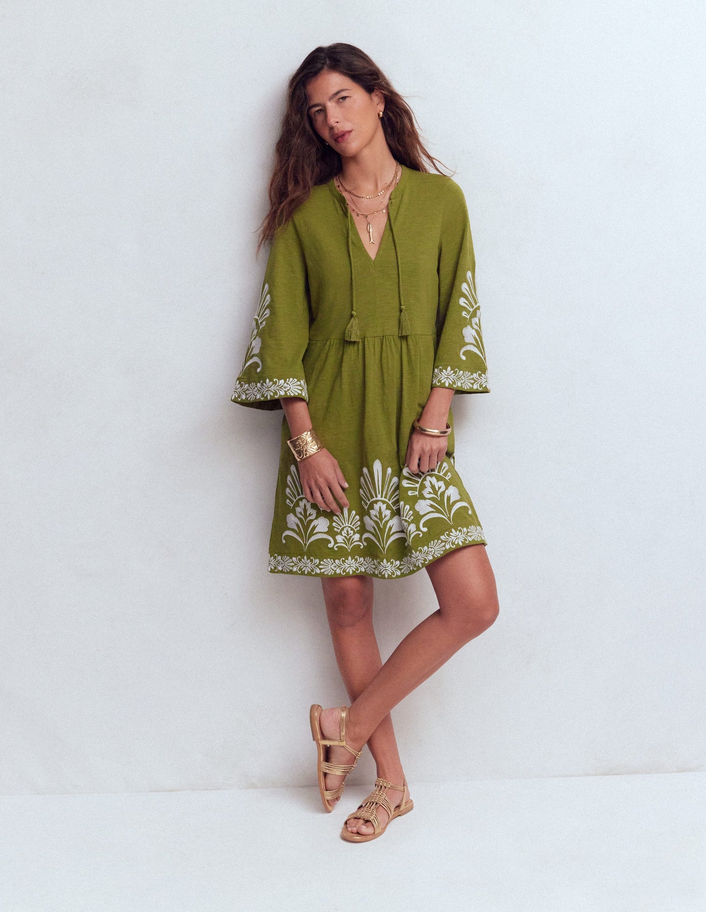 Short Kaftan Jersey Dress-Khaki Embroidered