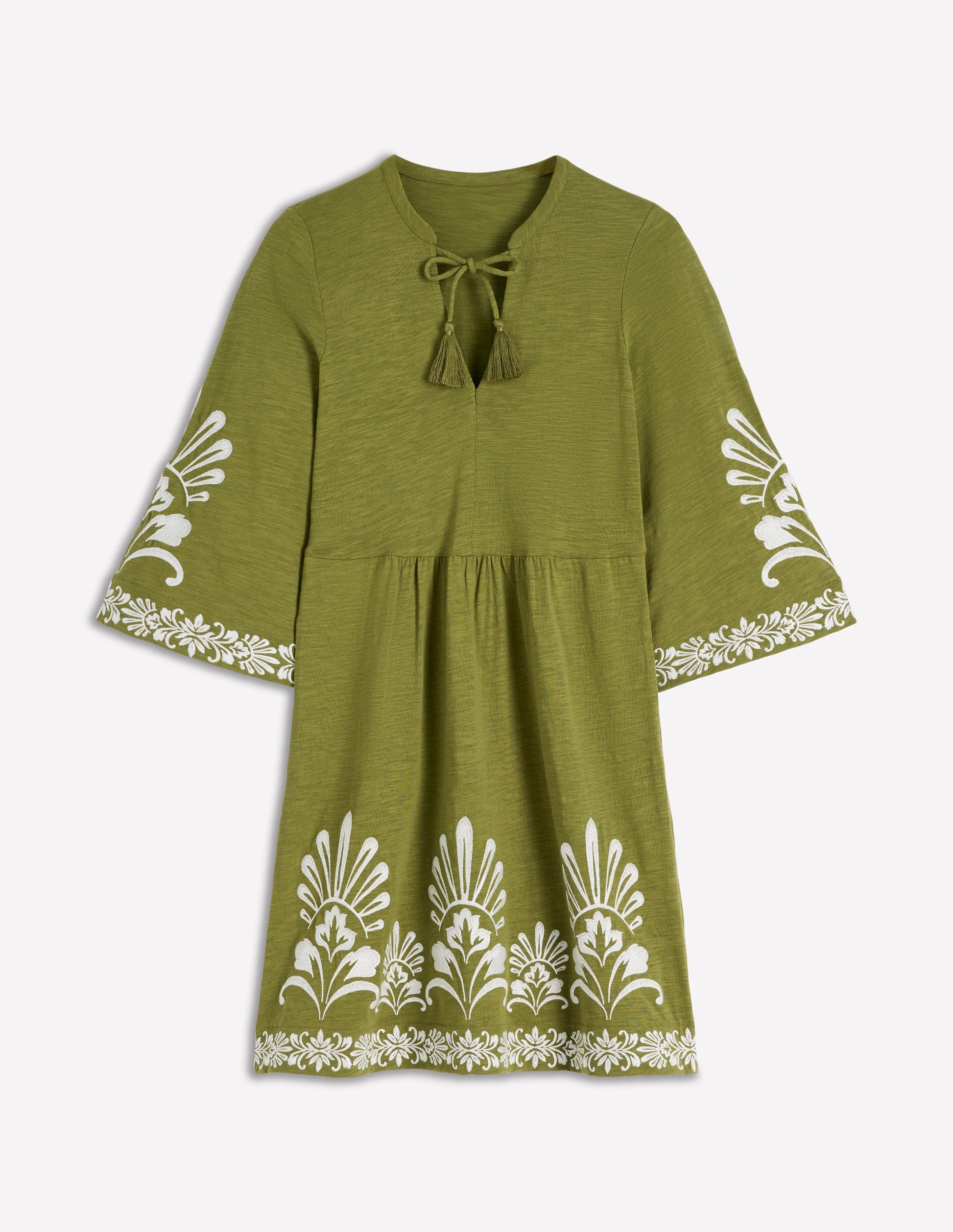 Short Kaftan Jersey Dress-Khaki Embroidered-7