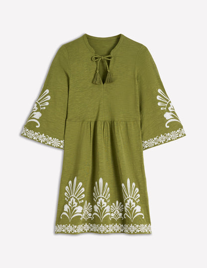Short Kaftan Jersey Dress-Khaki Embroidered-7