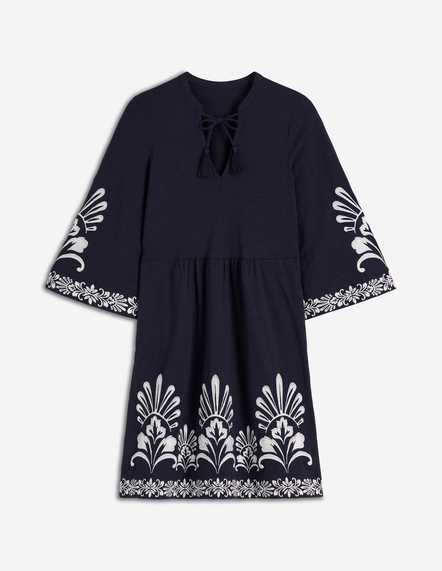 Short Kaftan Jersey Dress-Navy Embroidered