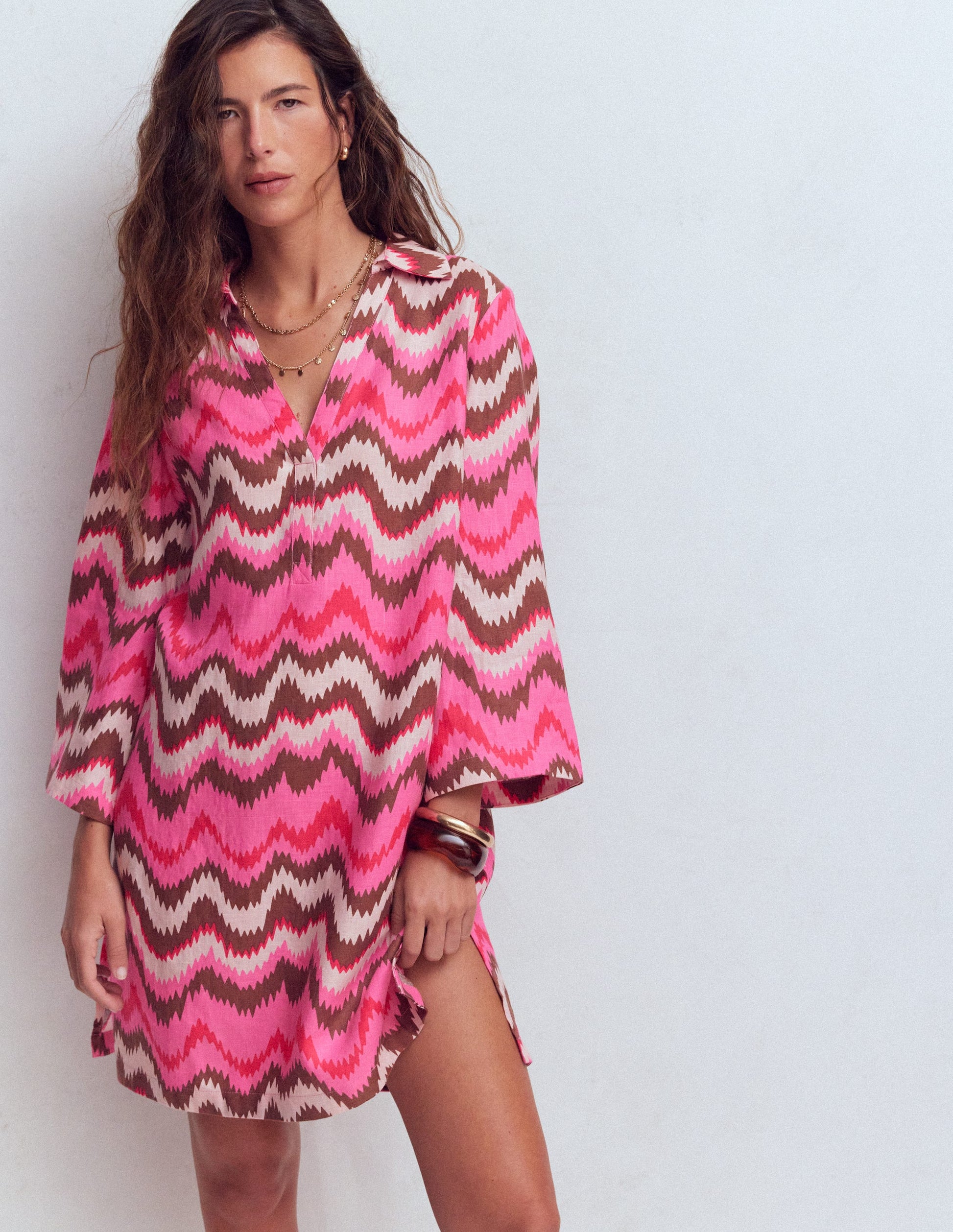 Carmen Linen Short Dress-Pink, Zig Zag Wave-1