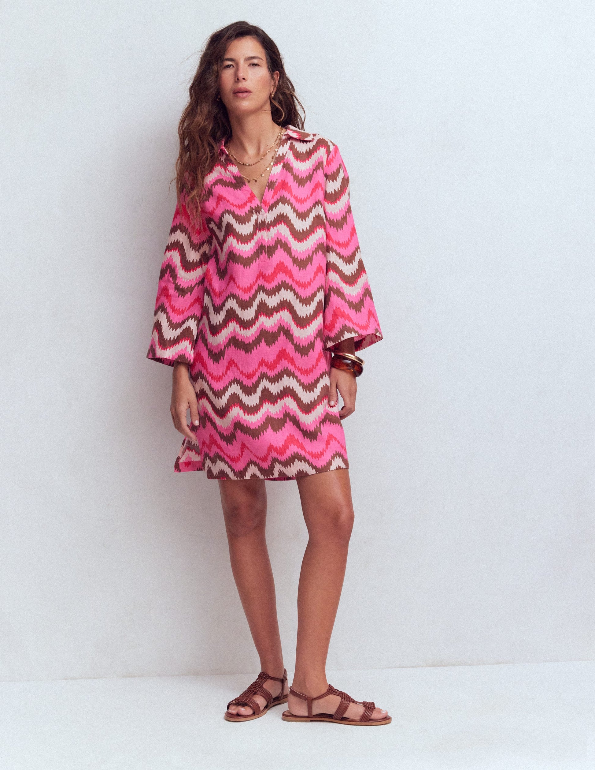 Carmen Linen Short Dress-Pink, Zig Zag Wave-4