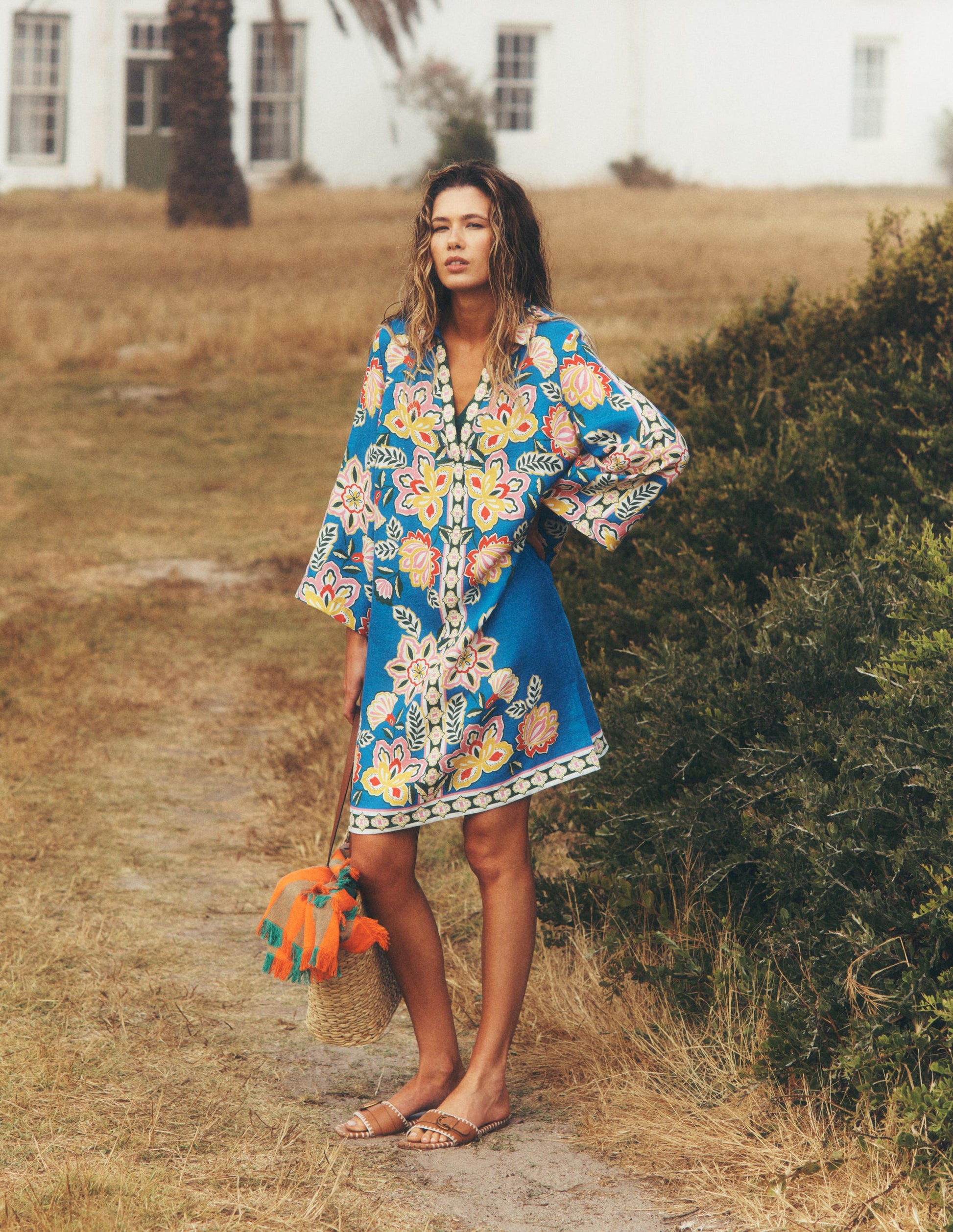 Carmen Linen Short Dress-Blue Blossom Elegance | Boden UK