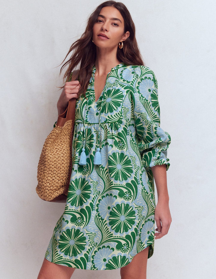 Pia Linen Yoke Tassel Dress-Blue Euphoric Garden