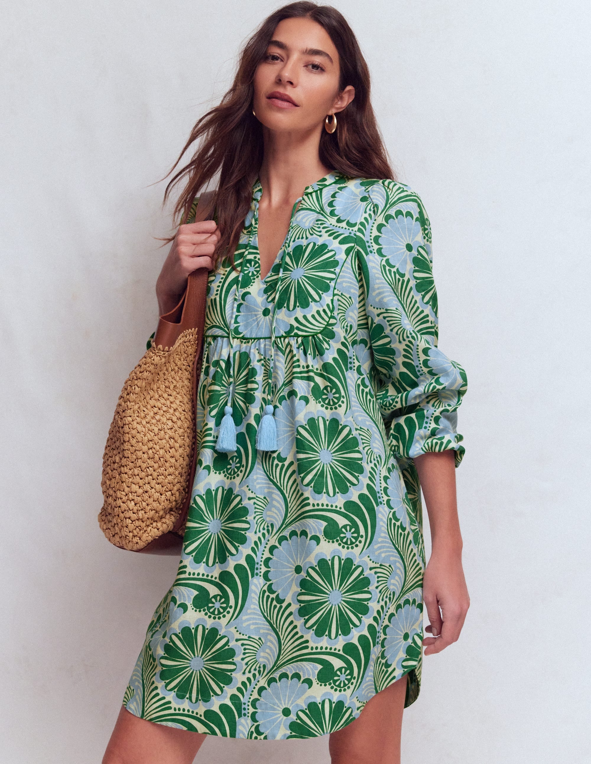 Pia Linen Yoke Tassel Dress-Blue Euphoric Garden - Image 1