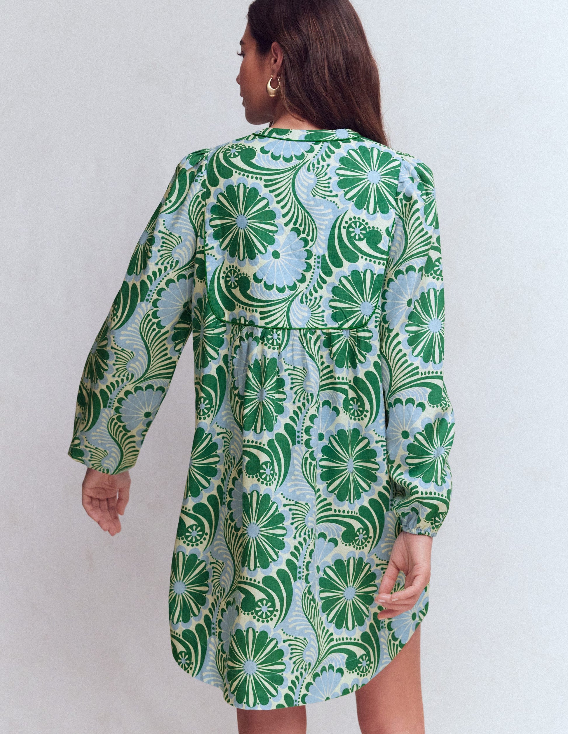 Pia Linen Yoke Tassel Dress-Blue Euphoric Garden-3