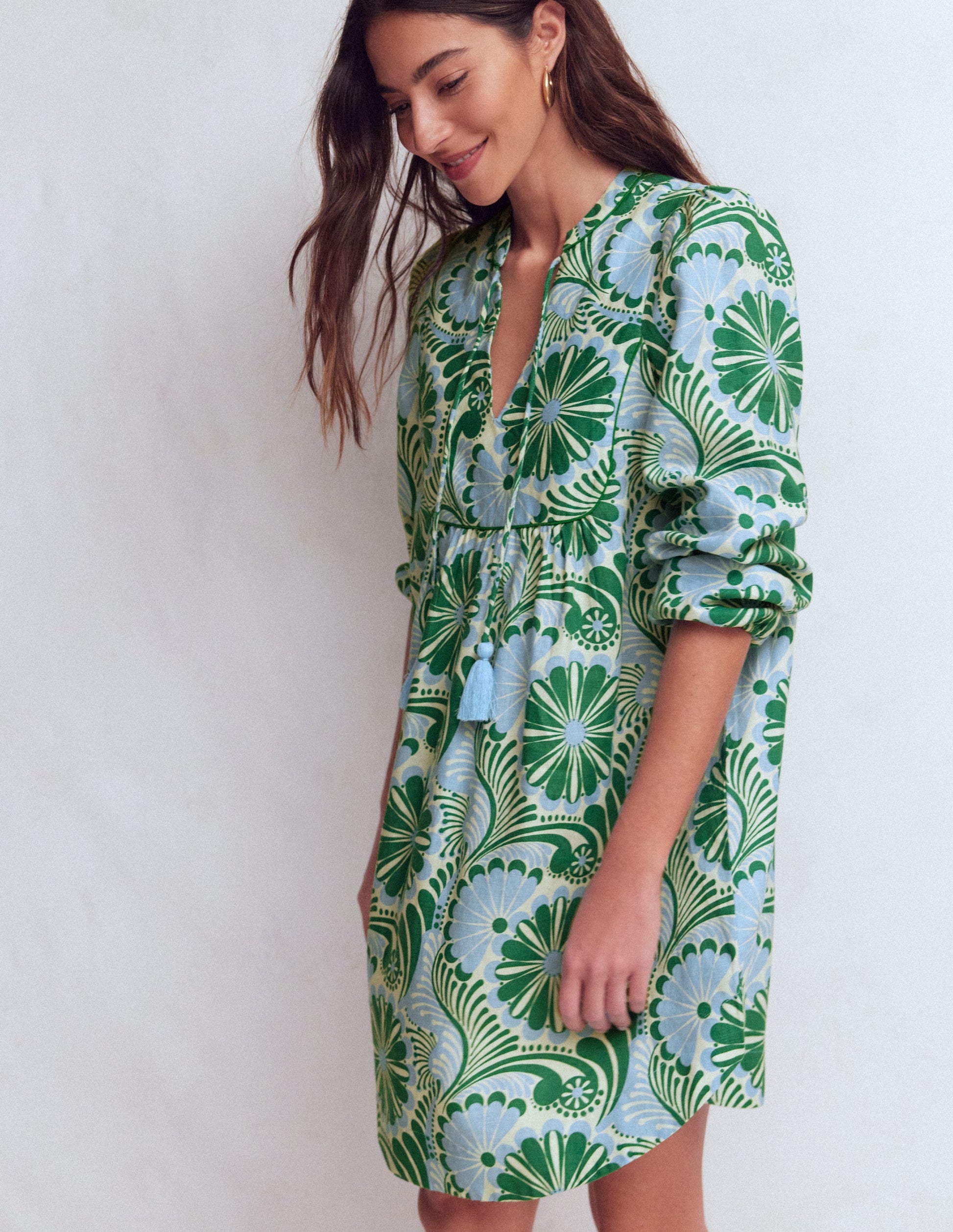 Pia Linen Yoke Tassel Dress-Blue Euphoric Garden-4