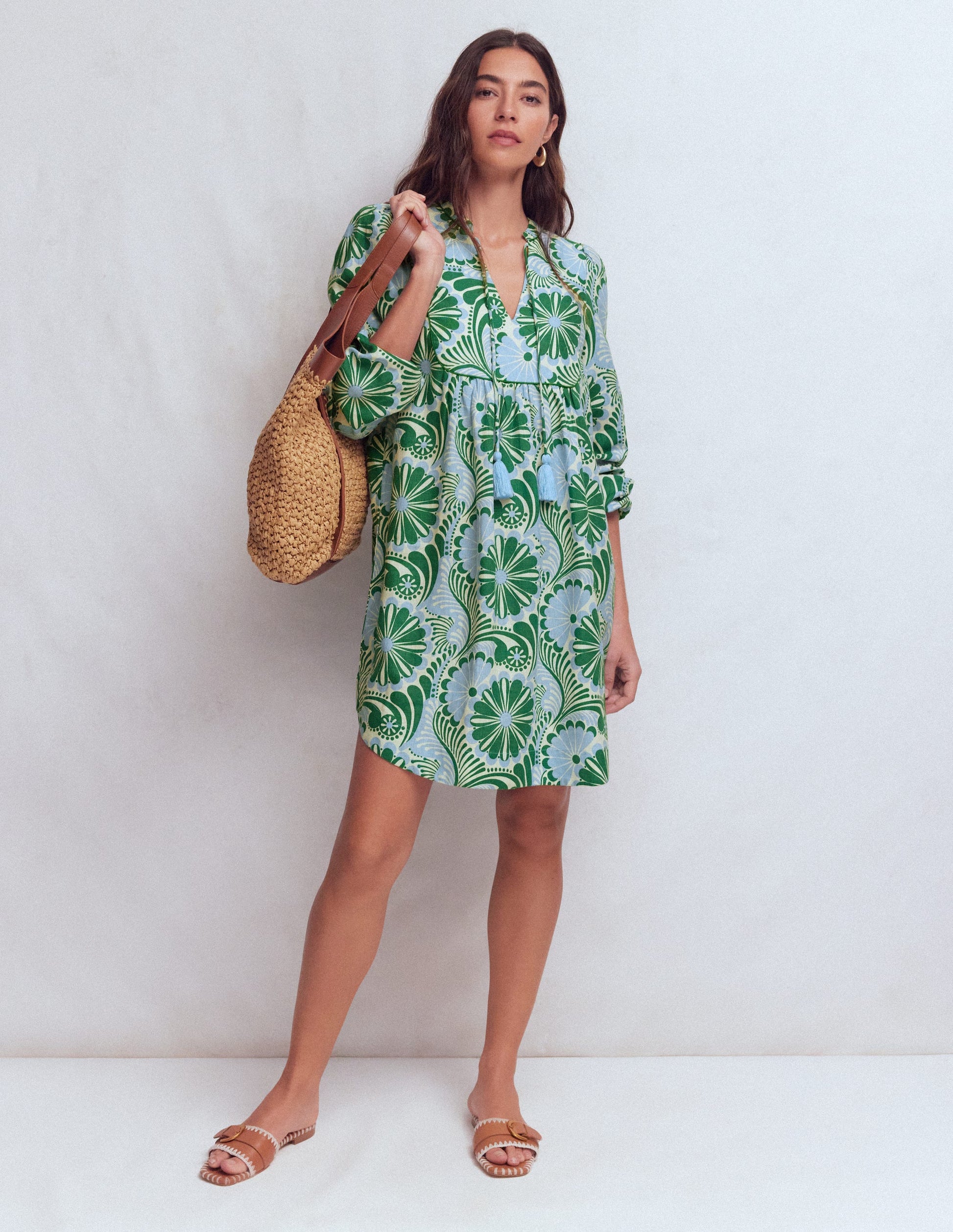 Pia Linen Yoke Tassel Dress-Blue Euphoric Garden-5
