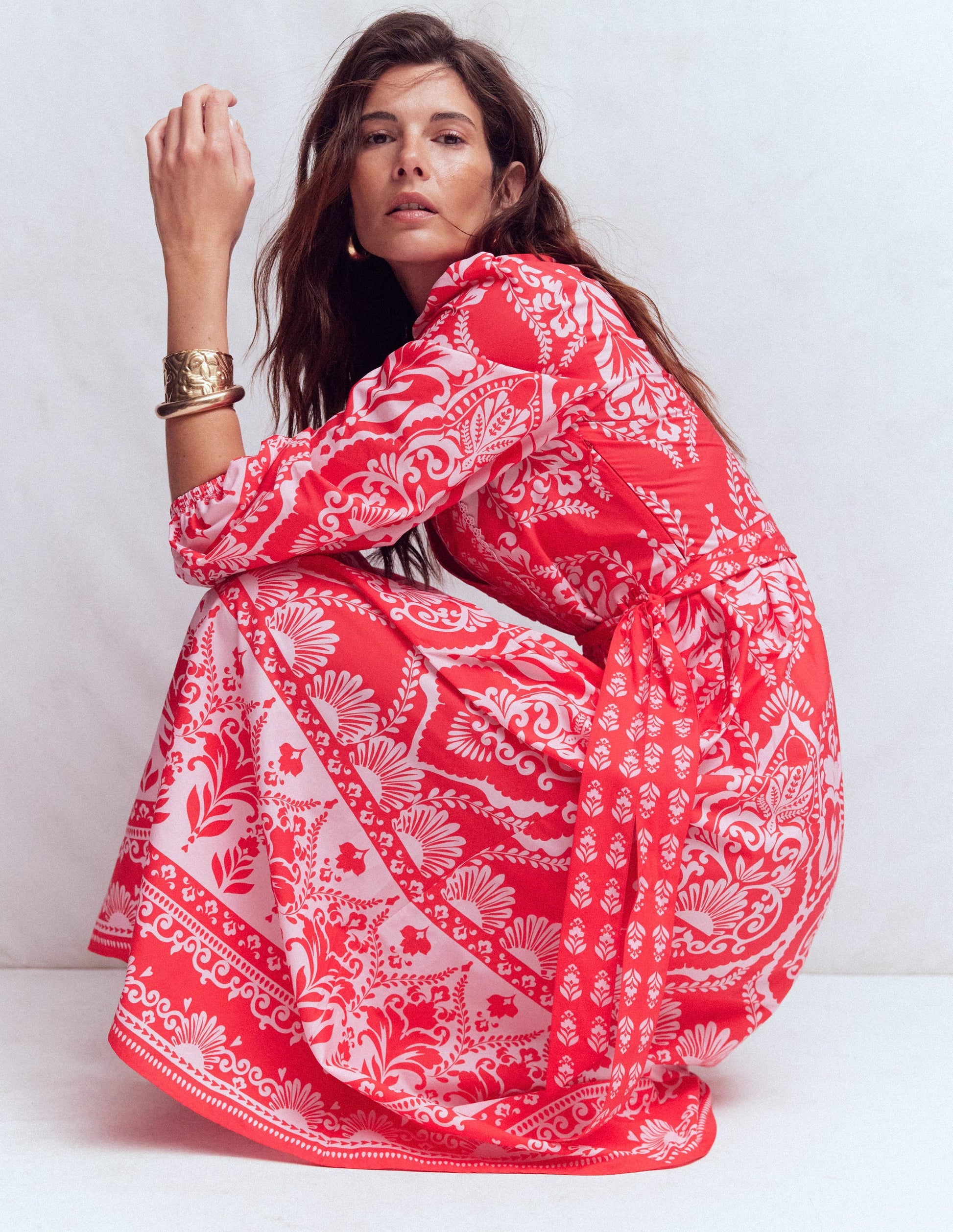 red midi cotton dress Red Acrylic and Cotton Midi Dress with Jacquard Belt