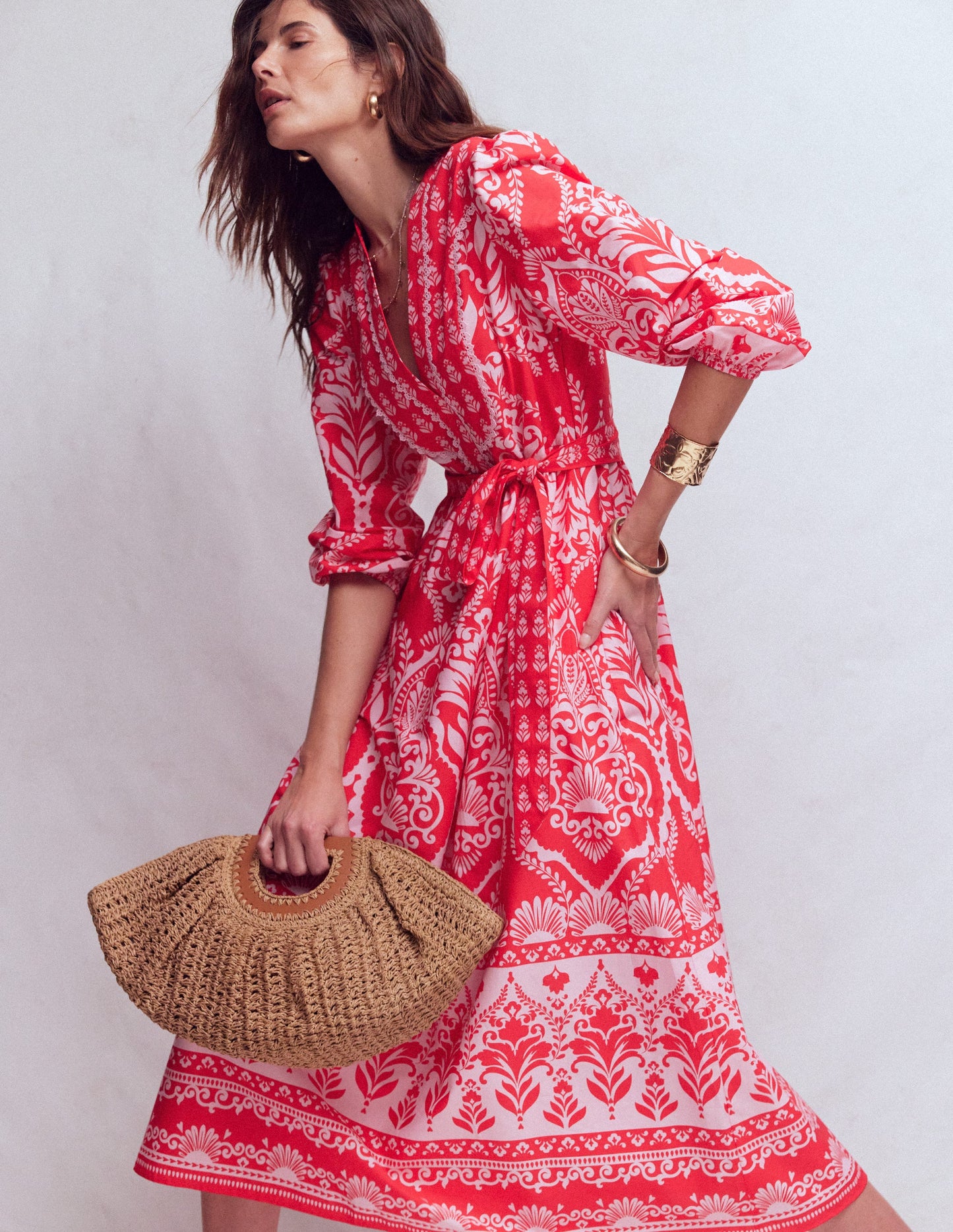 Cary Cotton Midi Dress-Red Ornamental Garden Mono