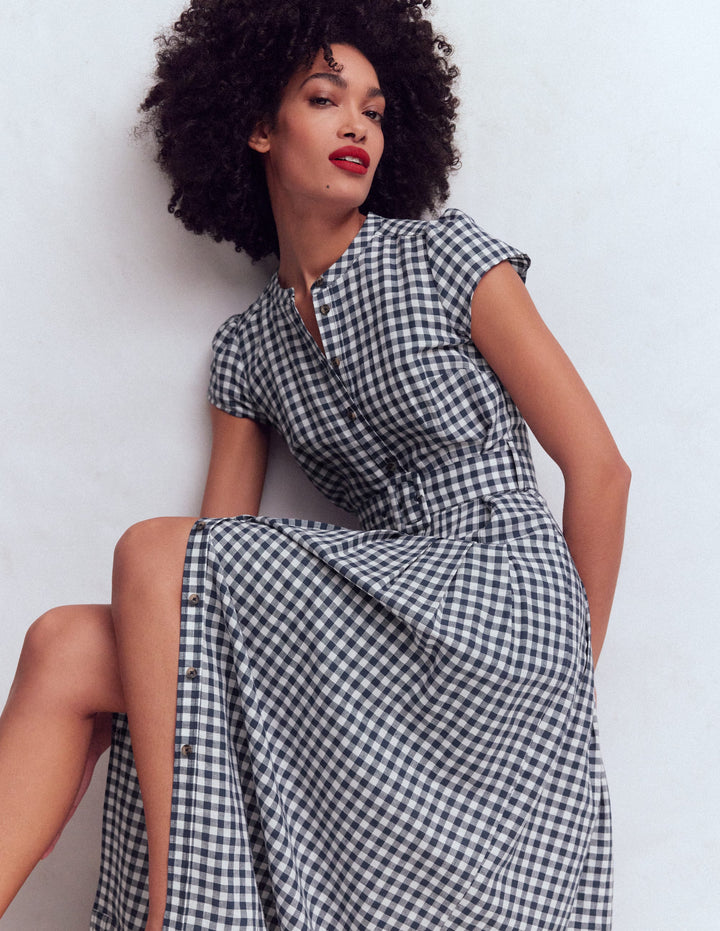 Arabella Linen Blend Dress-Blue Gingham