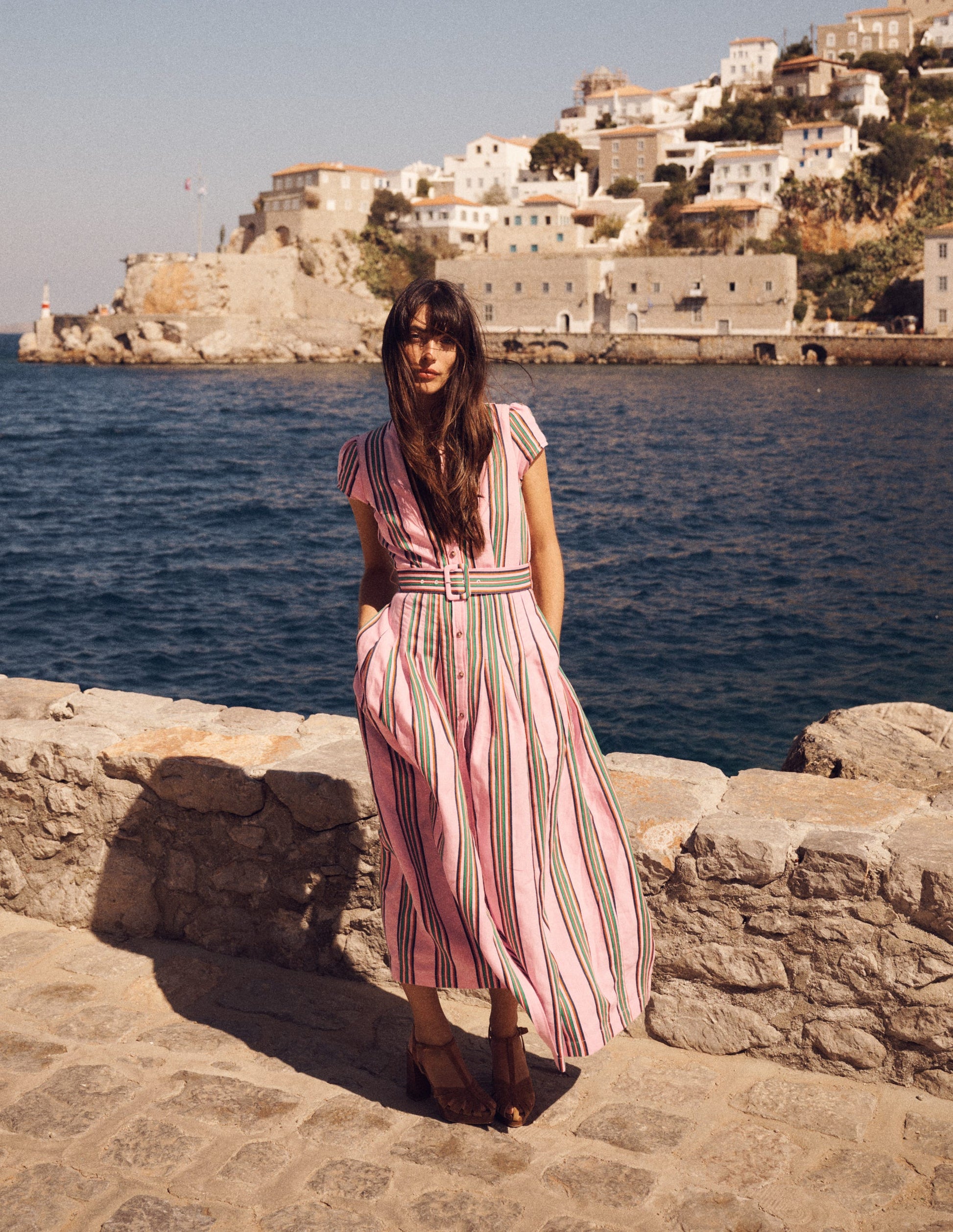 Arabella Linen Blend Dress-Pink, Rich Emerald Stripe-6