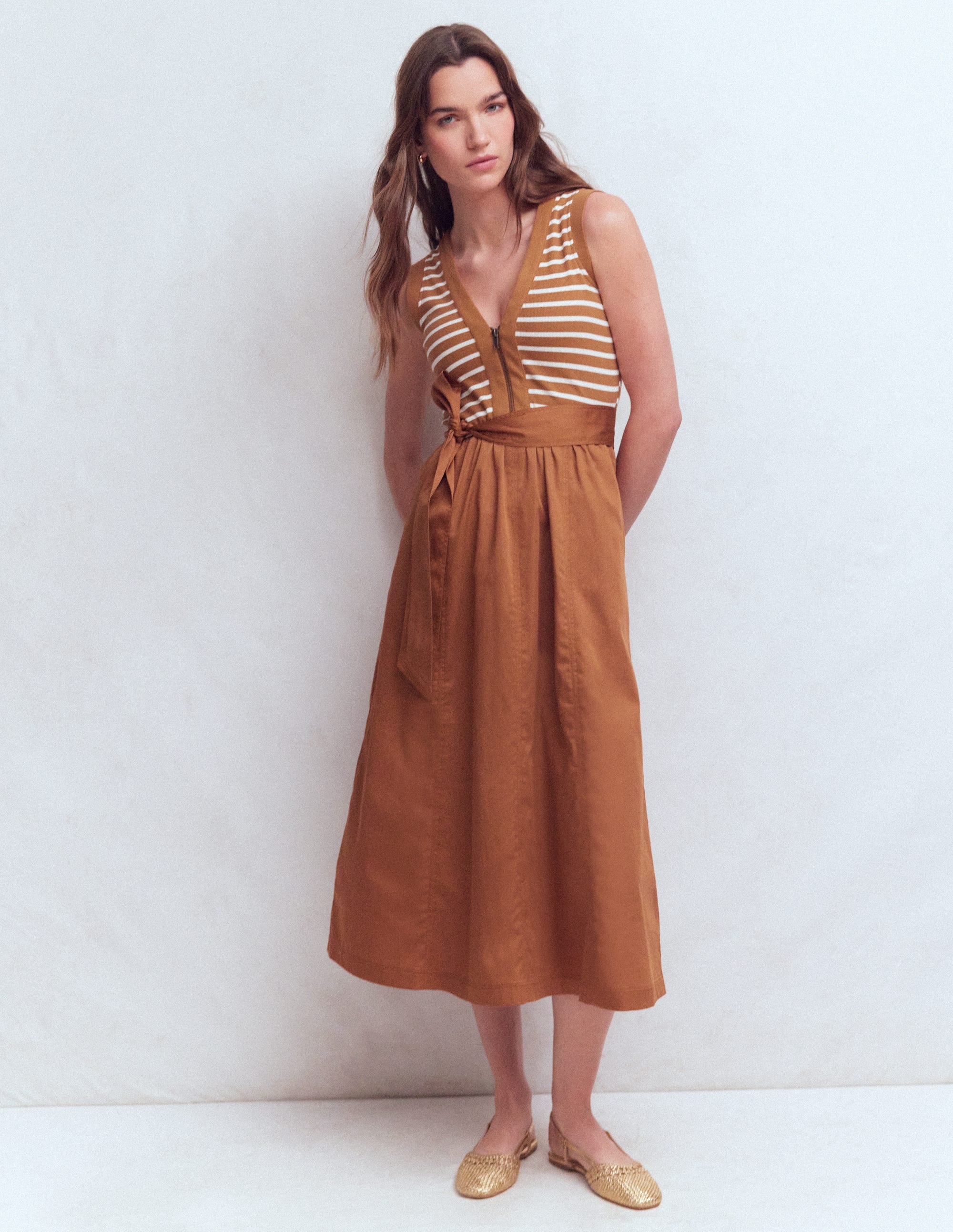 Zip-front Mix Media Dress-Ginger, Ivory Stripe | Boden UK