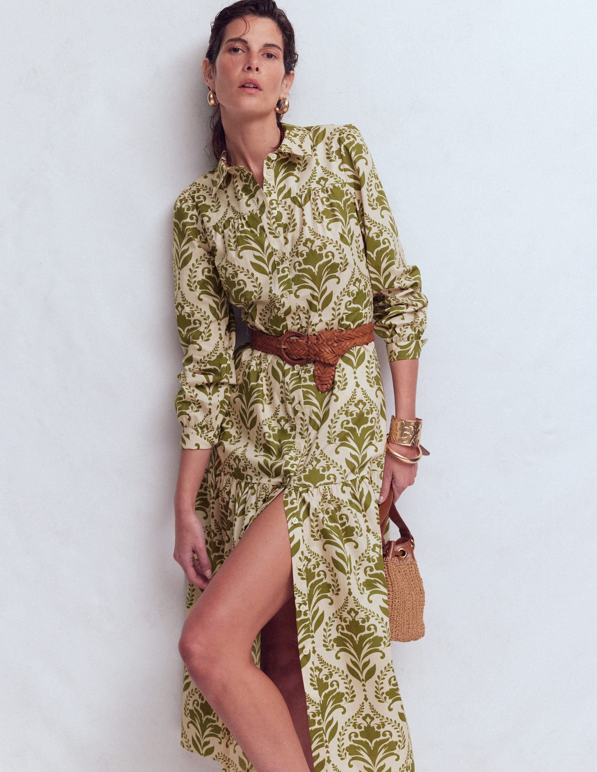 Ellie Cotton Maxi Shirt Dress-Green Decorative Lattice - Image 2