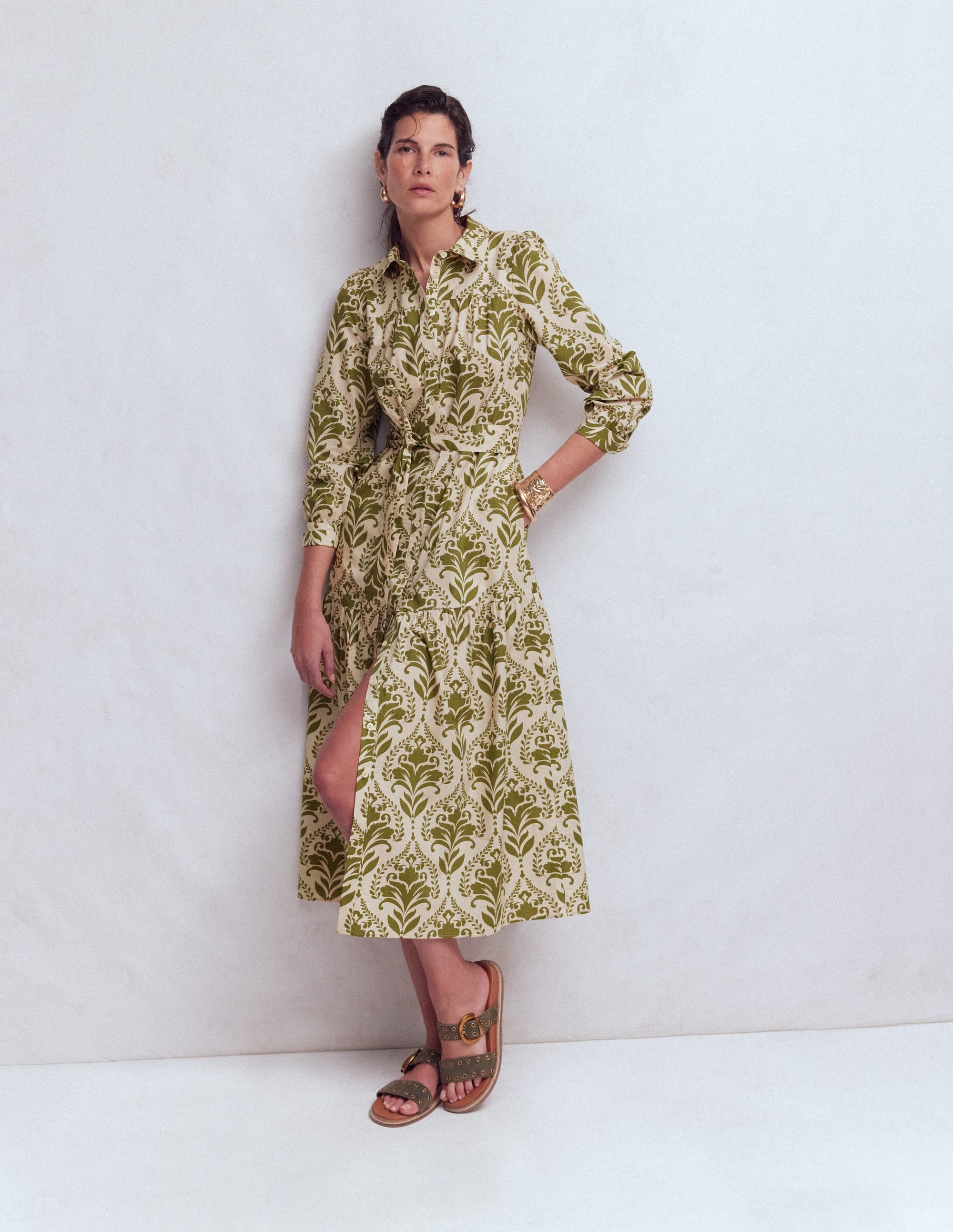 Ellie Cotton Maxi Shirt Dress-Green Decorative Lattice - Image 4