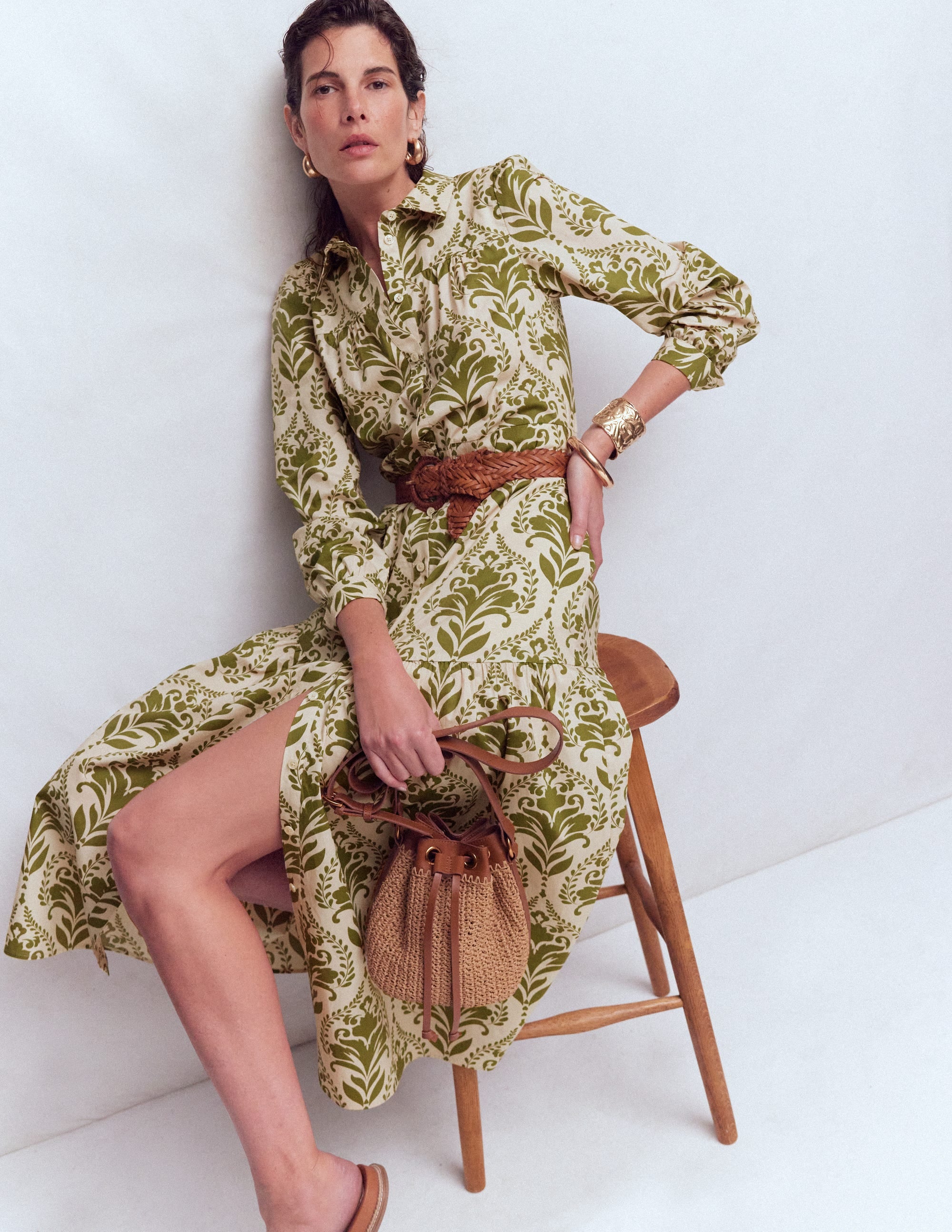 Ellie Cotton Maxi Shirt Dress-Green Decorative Lattice - Image 5