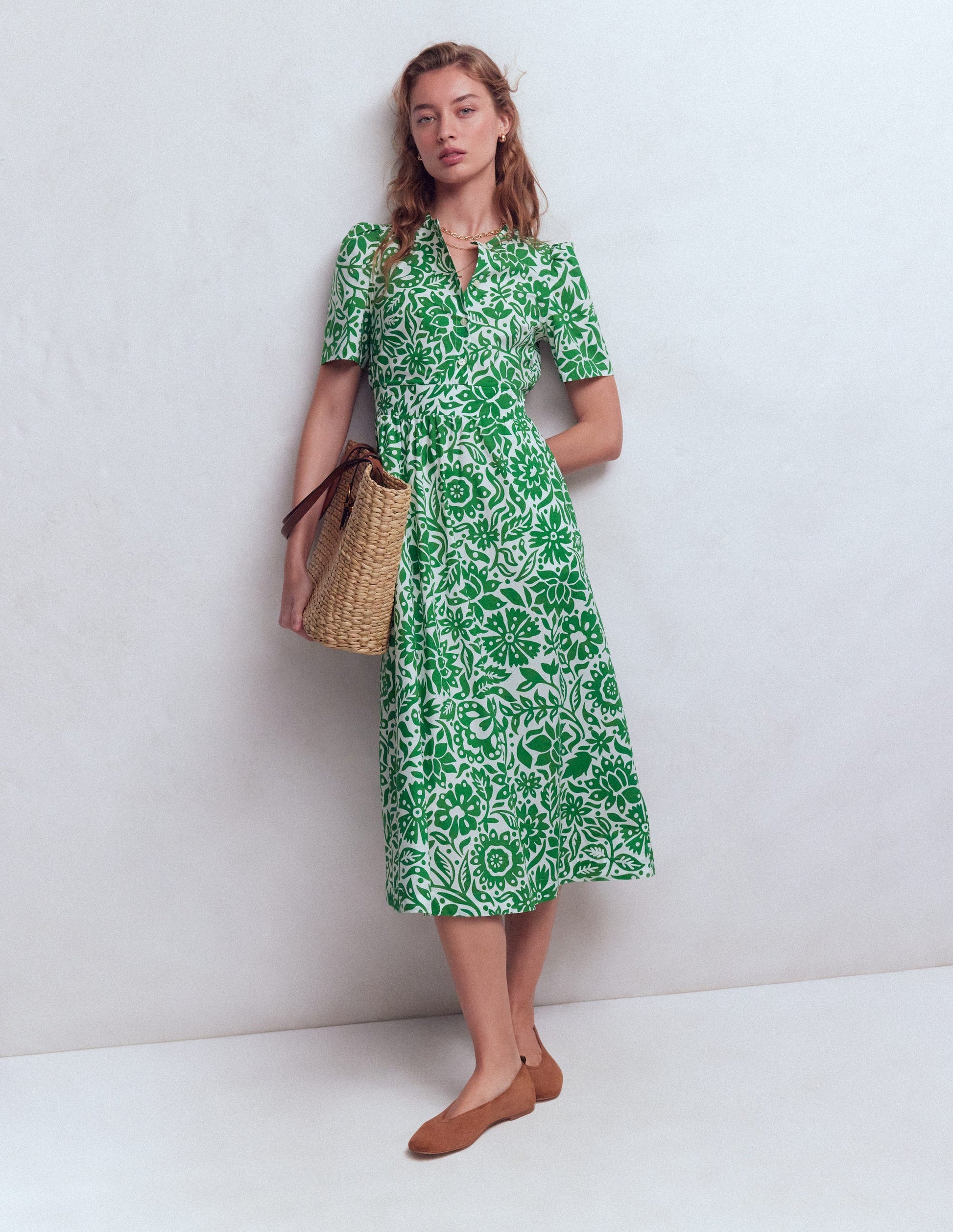 Ivy Placket Cotton Midi Dress-Verdant Green, Meadow Scatter | Boden UK Ivy Placket Cotton Midi Dress-Verdant Green, Meadow Scatter | Boden UK