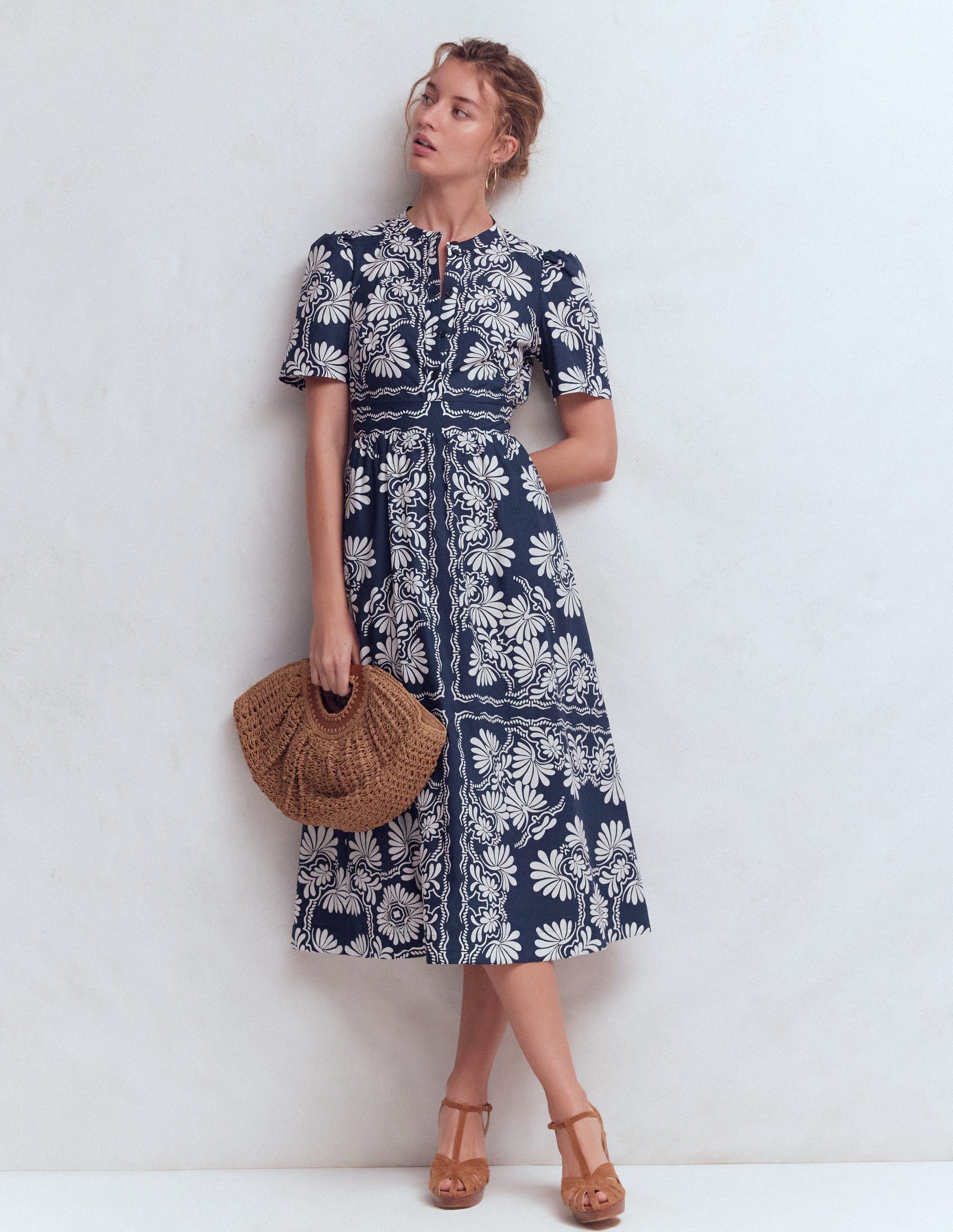 Ivy Cotton Midi Dress-French Navy Botanical Charm-1
