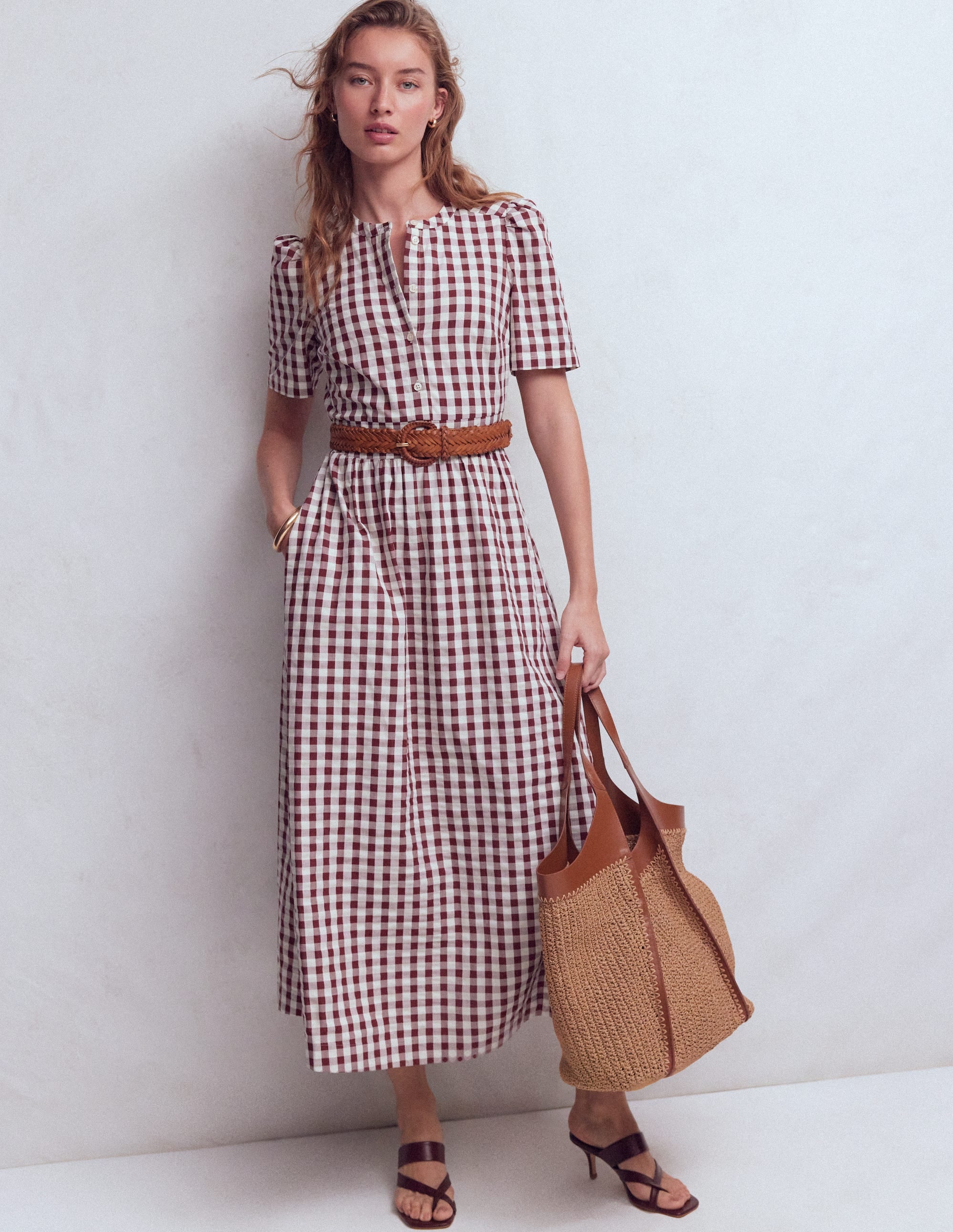 Ivy Button Cotton Midi Dress-Gingham - Image 1
