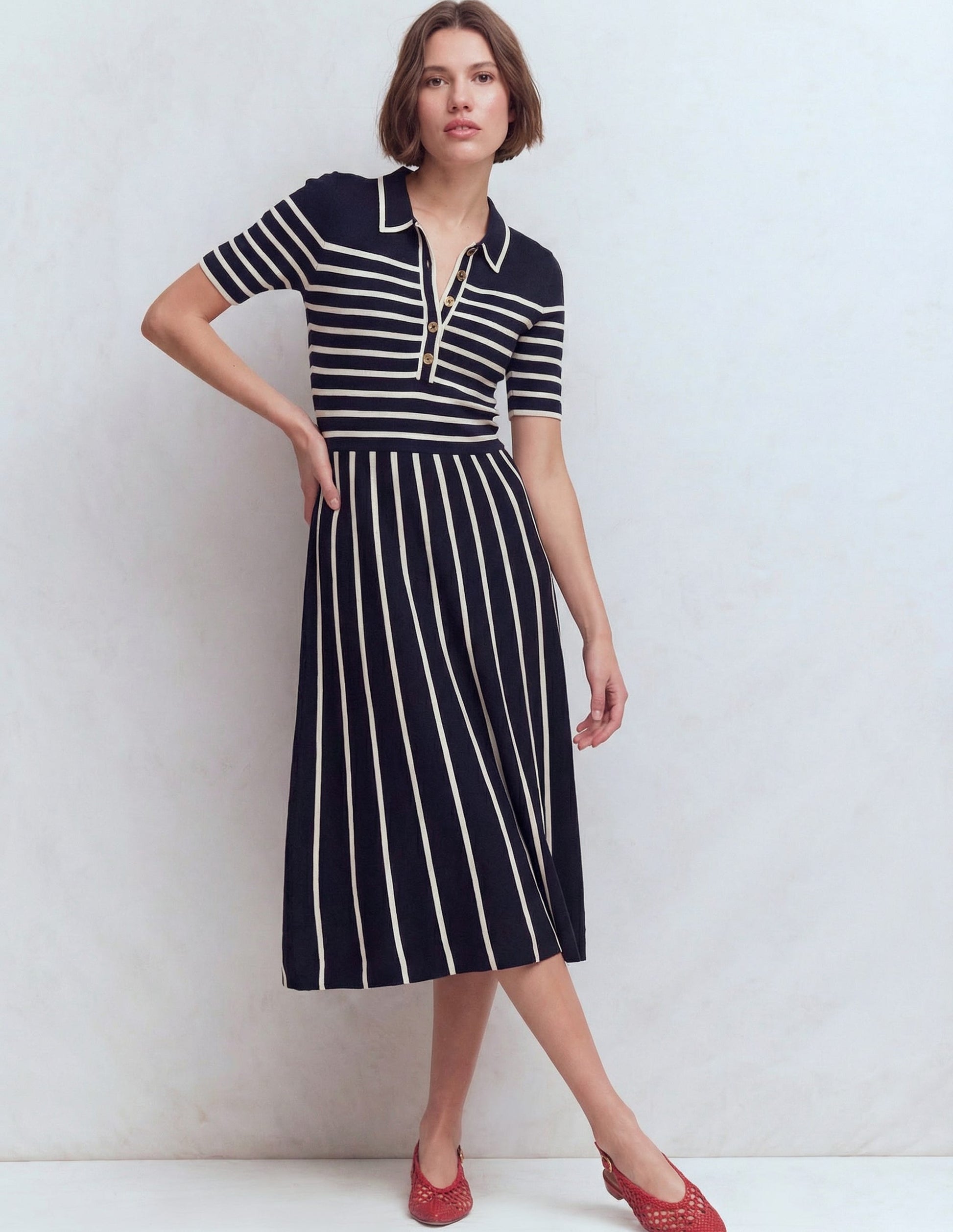 Collared Knitted Midi Dress-French Navy and Ivory Stripe-1