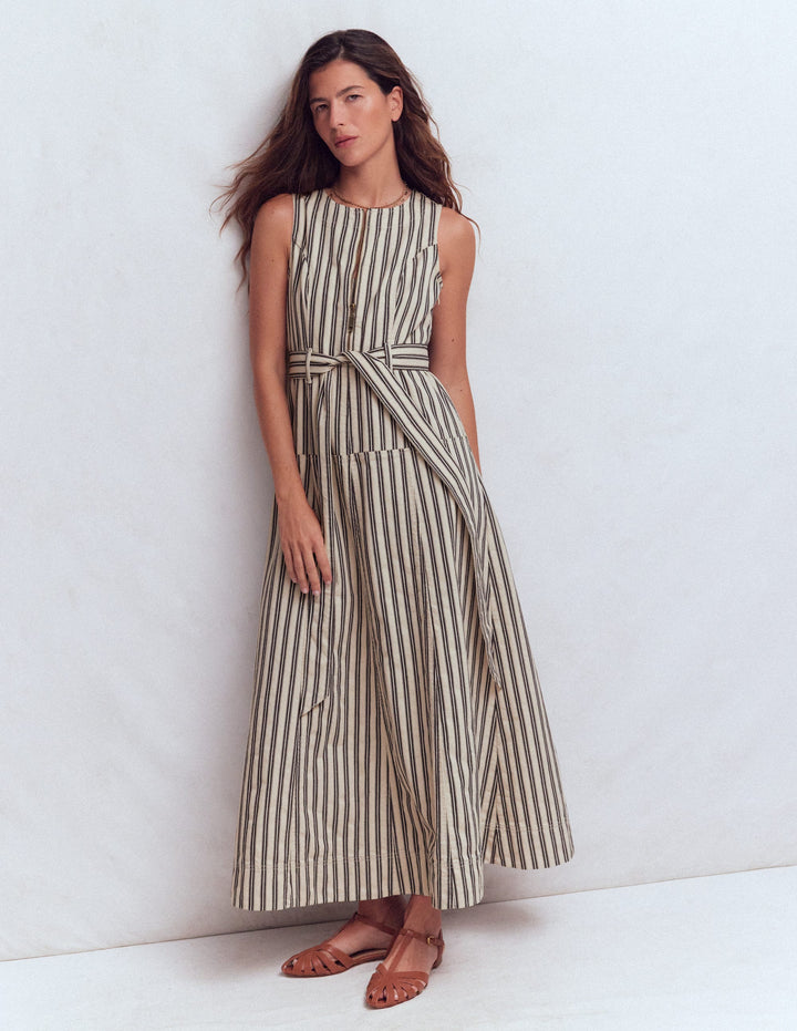 Sleeveless Zip Denim Dress-Ivory and Navy Stripe