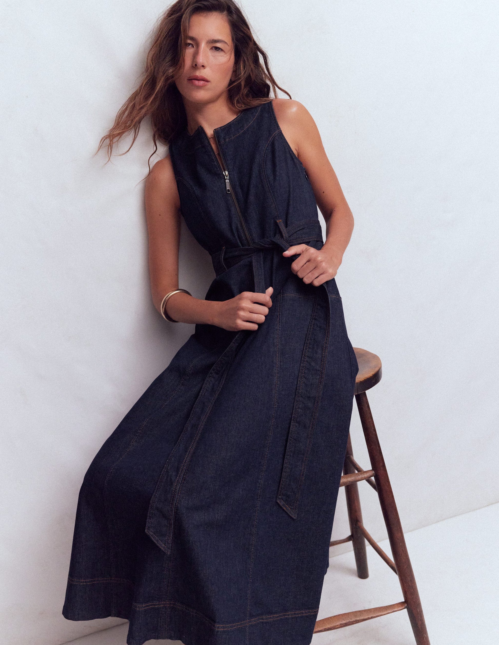 Sleeveless Zip Denim Dress-Indigo Wash-1