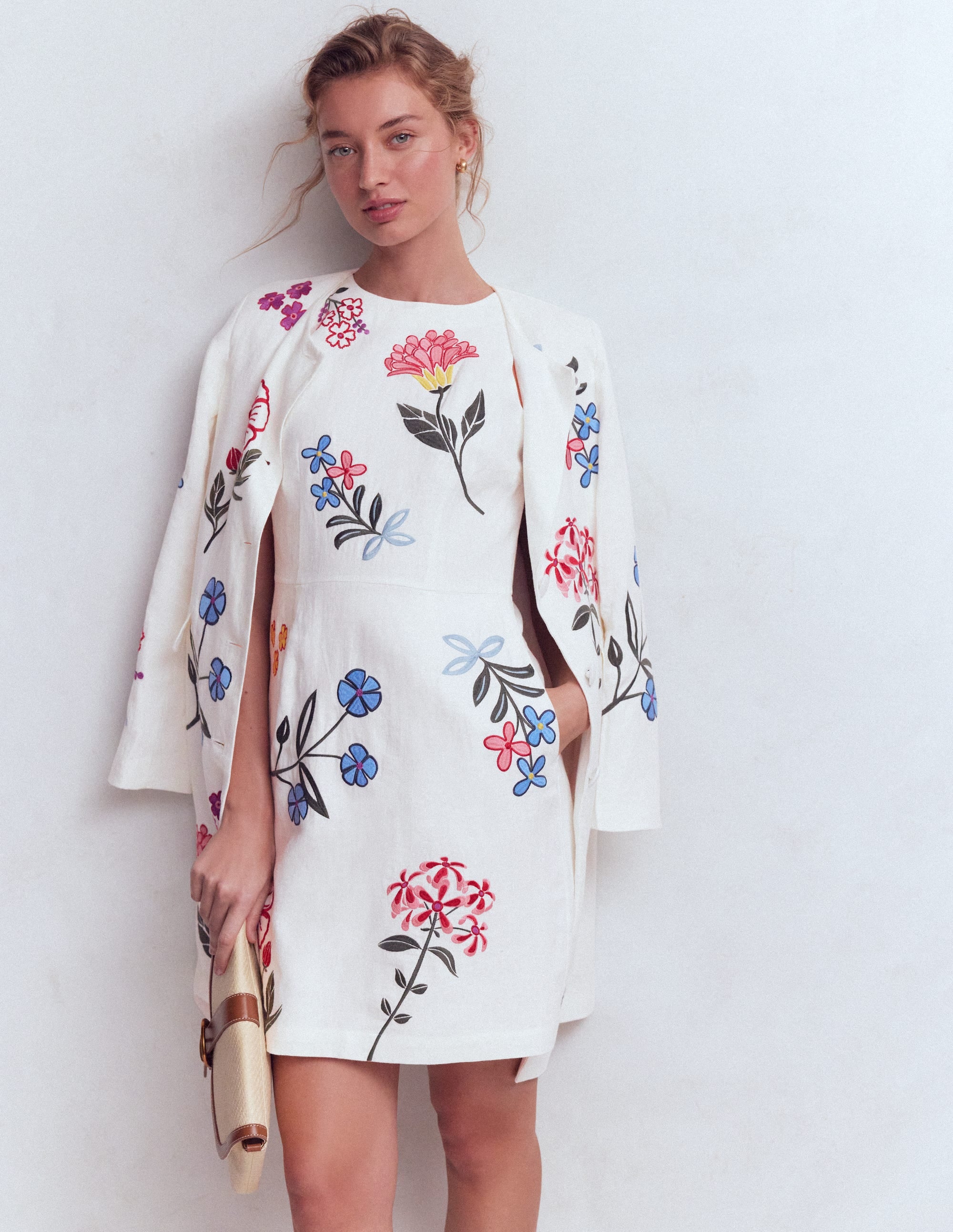 Occasion Short Linen Dress-White Embroidery - Image 1