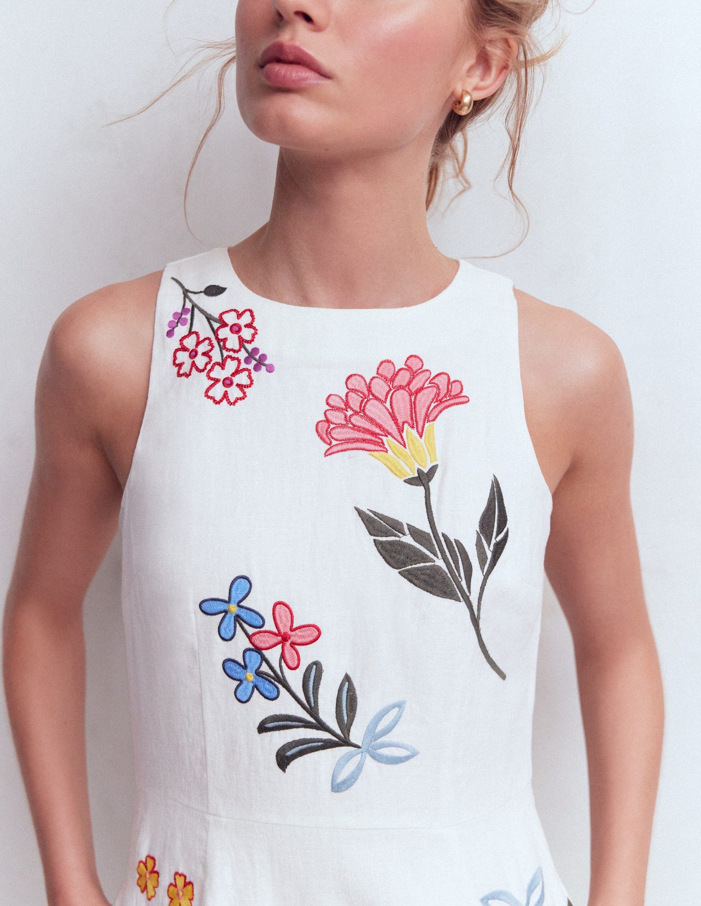 Occasion Short Linen Dress-White Embroidery