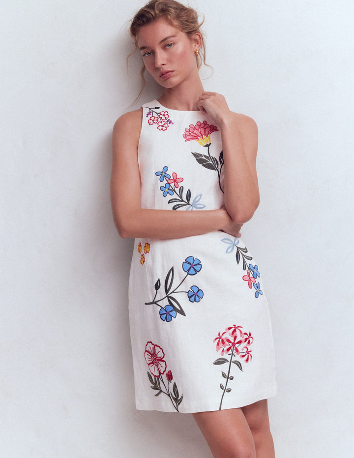 Occasion Short Linen Dress-White Embroidery