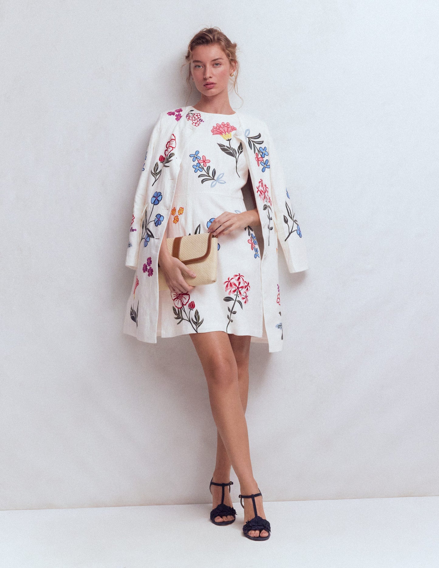 Occasion Short Linen Dress-White Embroidery