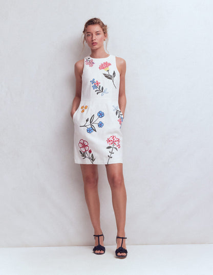 Occasion Short Linen Dress-White Embroidery-8