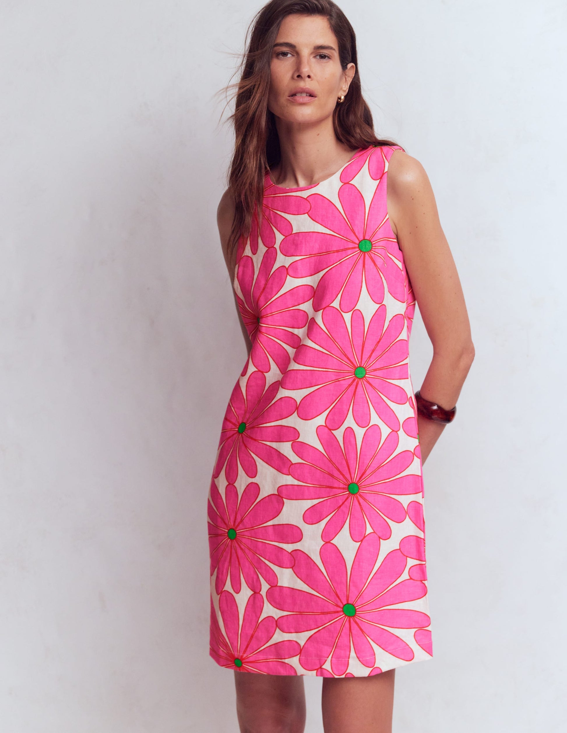 Linen Shift Dress-Pink, Daisy Blossom-4