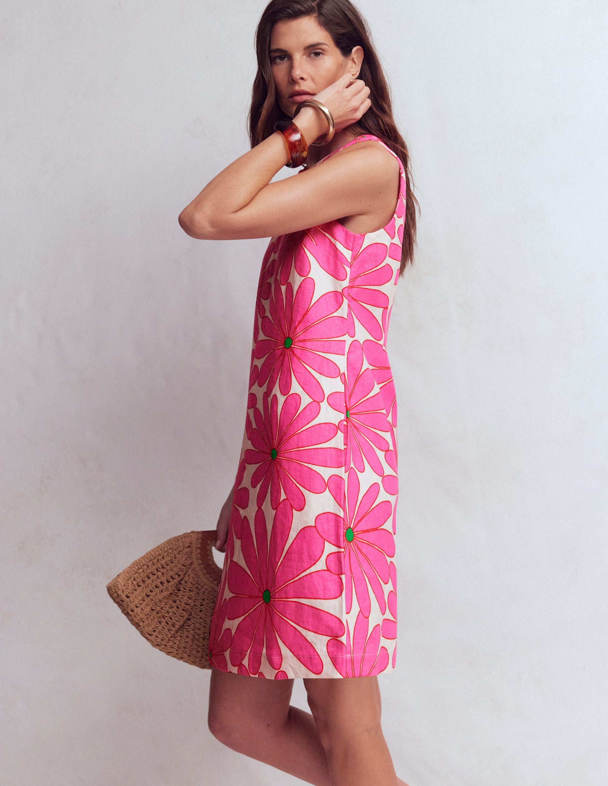 Linen Shift Dress-Pink, Daisy Blossom-5