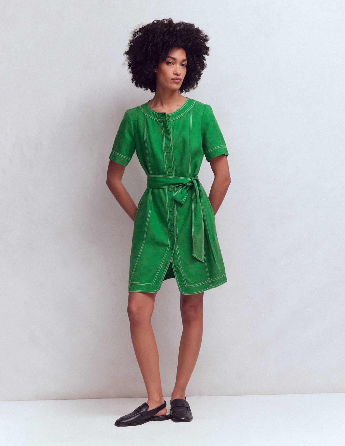 Callie Linen Short Dress-Highland Green
